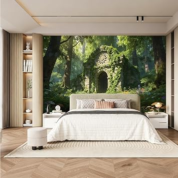 Forest Wall Stickers Murals, Stone Arch 69" H x 96" W Wallpaper Mural, Stream Canvas Wall Murals, Sea of Flowers Mural Wallpaper for Living Room Bedroom DecorNot Peel Stick