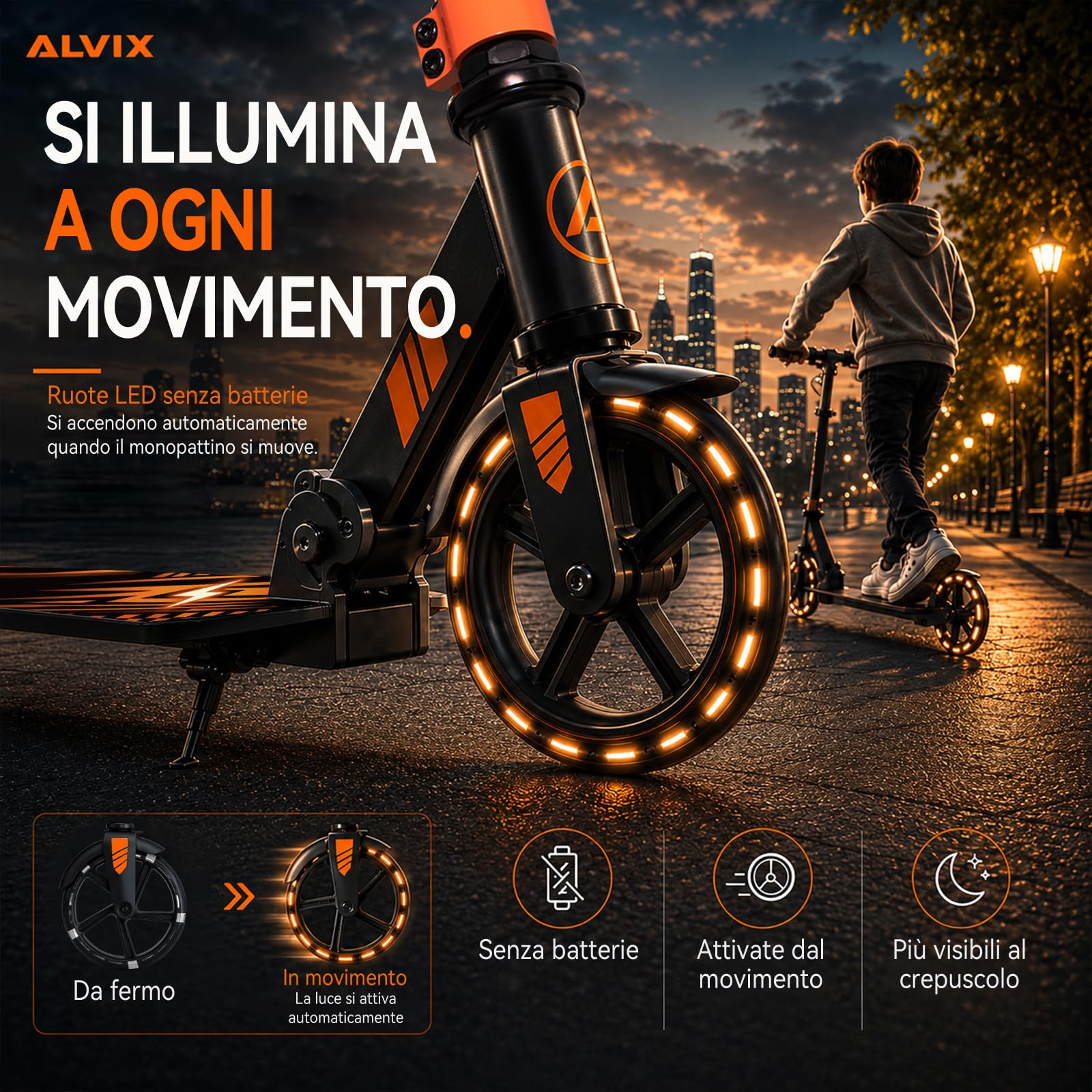 ALVIX Monopattino per bambini con ruote luminose a LED, regolabile in altezza, a partire dai 6 anni, ruote da 200 mm, pieghevole con tracolla, ampia pedana, fino a 100 kg