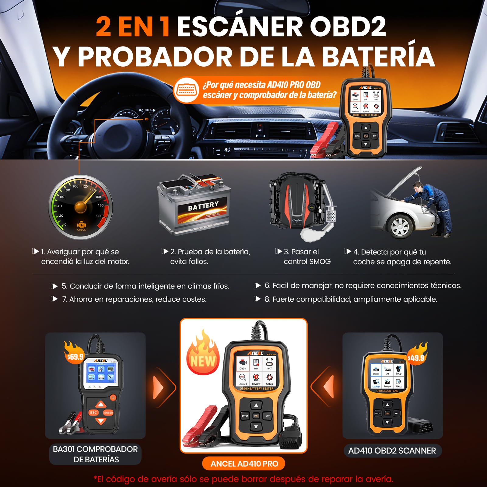 2 en 1 OBD2 Diagnosis Coche y Comprobador de Baterias Ancel AD410PRO | Scanner OBD Multimarca con Completas OBDII Funciones, 100-2000CCA Probador de Batería Auto 12V con test de arranque y carga