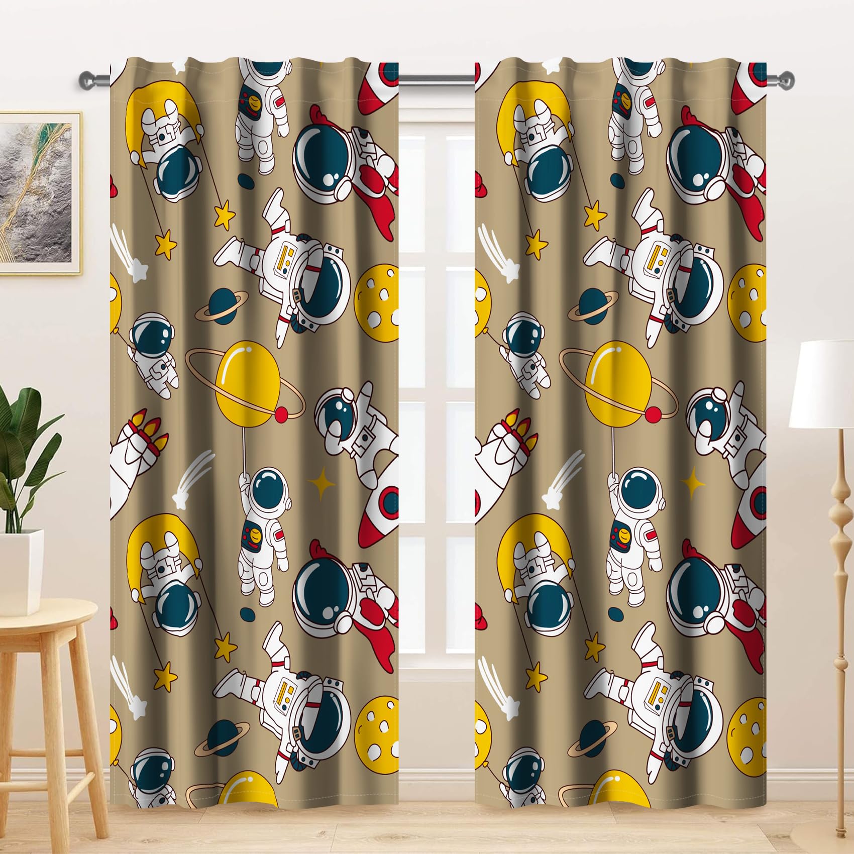 Kzzfqxb 117x229cm Kids Curtains 2 Panels, Brown Spacemen Exploring Universe Rocket Astronauts Window Drapes