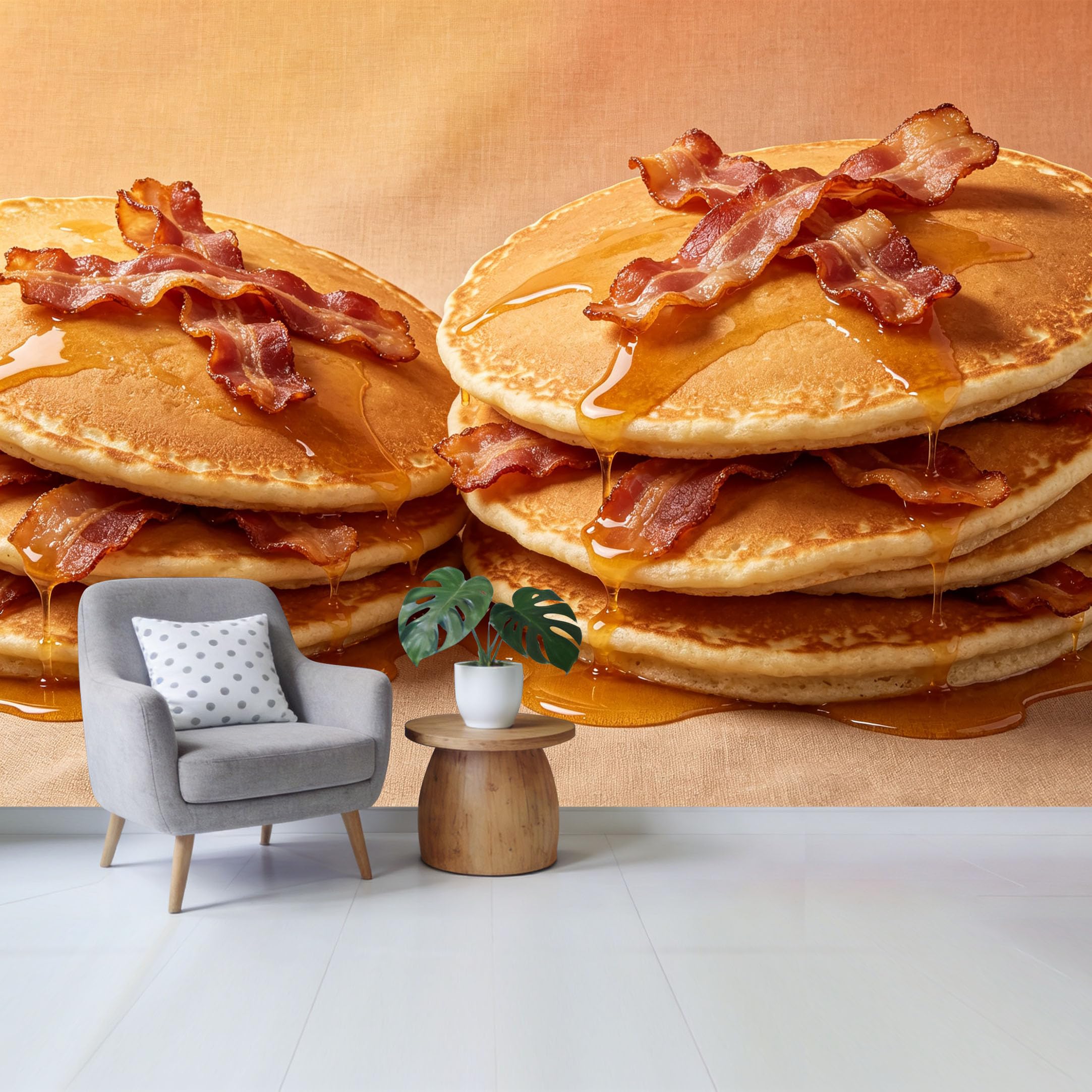 Qzlithotic Yq2605251090 Custom Size Wall Mural Delicious Pancakes With Crispy Bacon Syrup Drip Food Photography Modern Kitchen Style Selfadhesive Wall Fabric Removable Wallpaper For Home Office Decor
