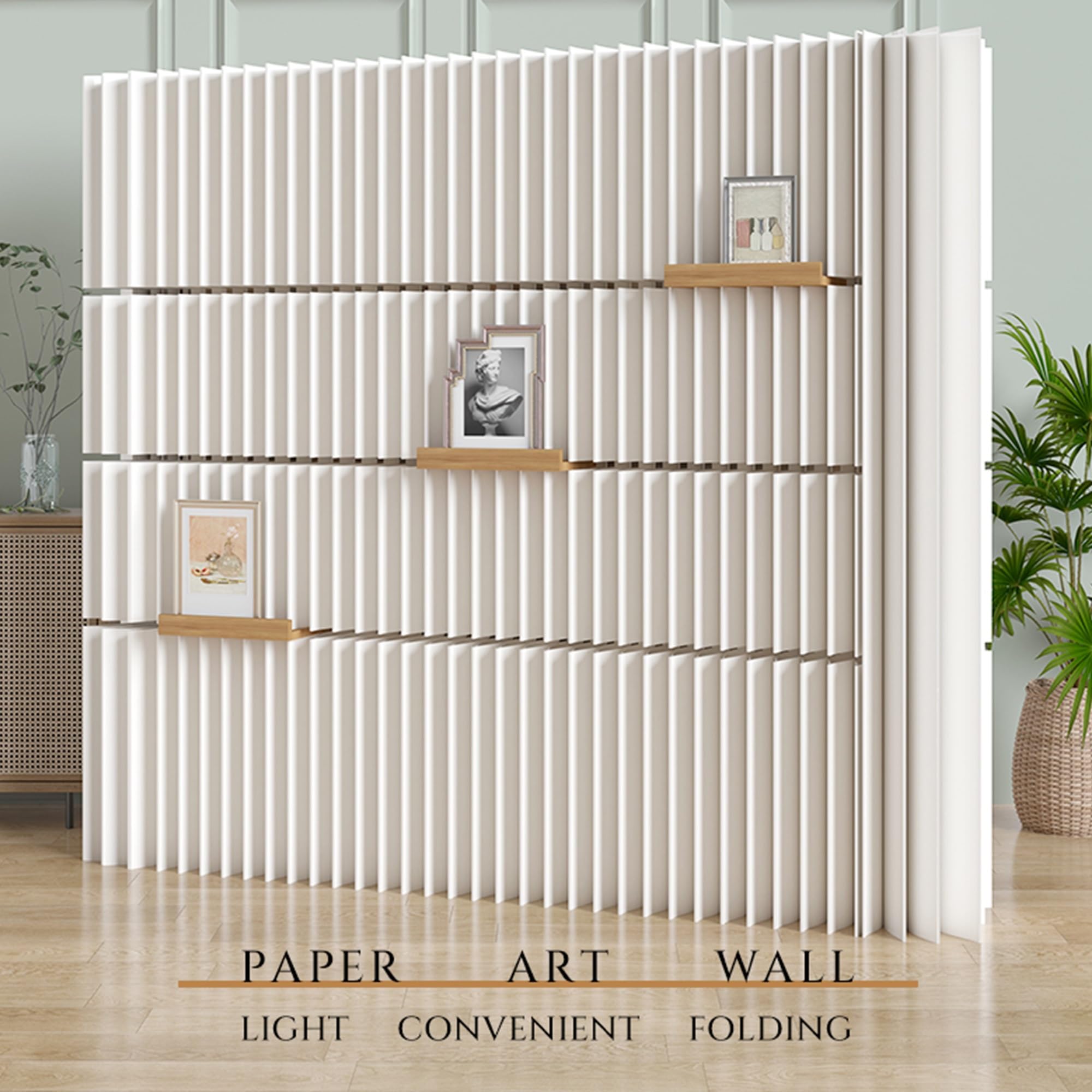 Divisorio pieghevole con ripiano portaoggetti, divisorio espandibile per casa e ufficio, design moderno leggero per negozi ed esposizioni