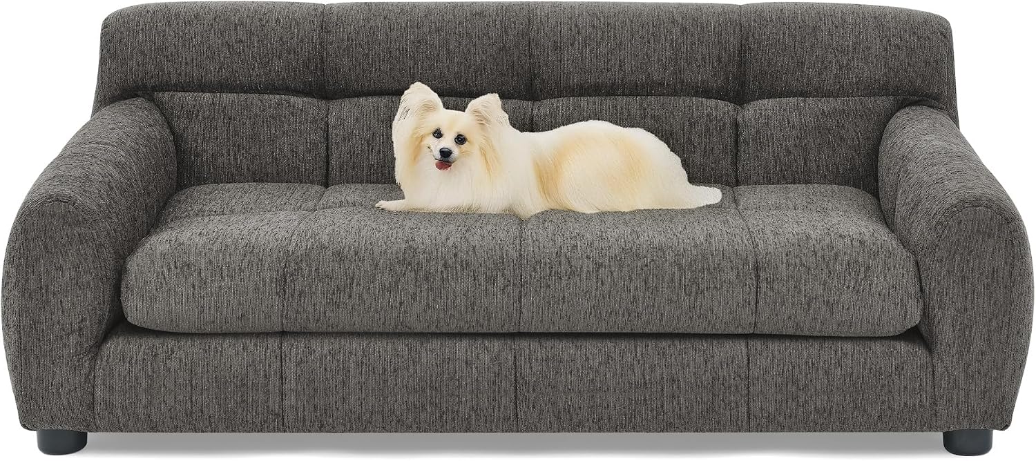 Dog Couch Bed, 38" Memory Foam Sofa for Dogs with Backrest and Armrest, Durable Pet Sofa with Soft Cushion, Elevated Dog Couch Bed with Legs for Medium Dogs, Stone Grey
