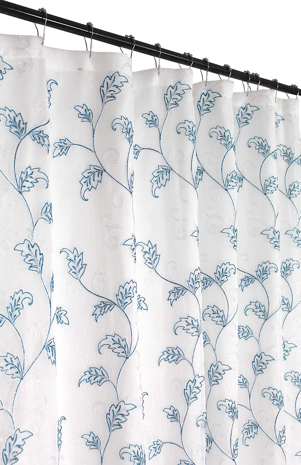 SERAFINA Decorative Sheer Fabric Shower Curtain: Two Toned Grey and White Embroidered Leaves with Metallic Threading (White/Grey) 70 x 72
