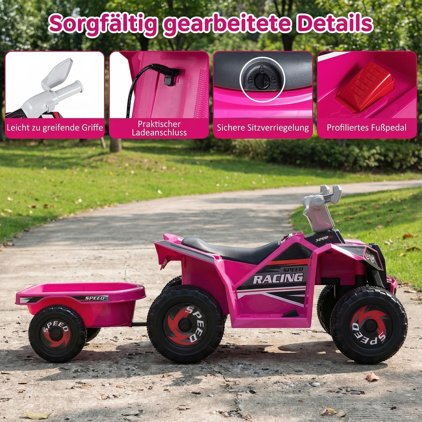 COSTWAY 6V Elektro Kinder Quad, Kinderquad mit abnehmbarem Anhänger, 2-3 km/h, Elektroquad mit Scheinwerfer, Vorwärts-& Rückwärtsfunktion, Mini Elektroauto ATV für Jungen & Mädchen ab 3 Jahren (Rosa)