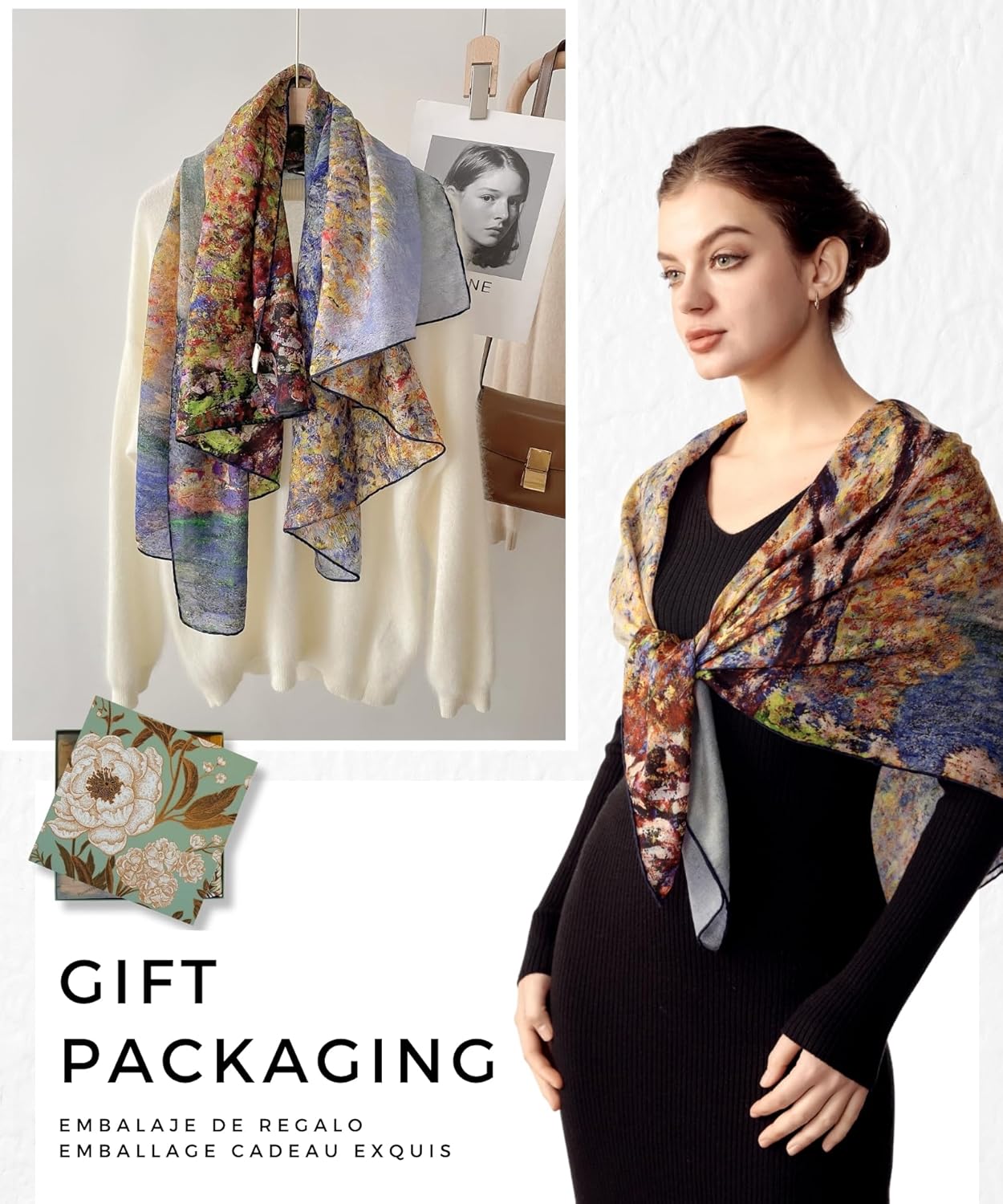 PoeticEHome Cashmere Scarf Wrap 36"x36" - Featherlight & Wrinkle-Free Artistic Square Shawl for Travel & Office, Gift Ready - Image 6