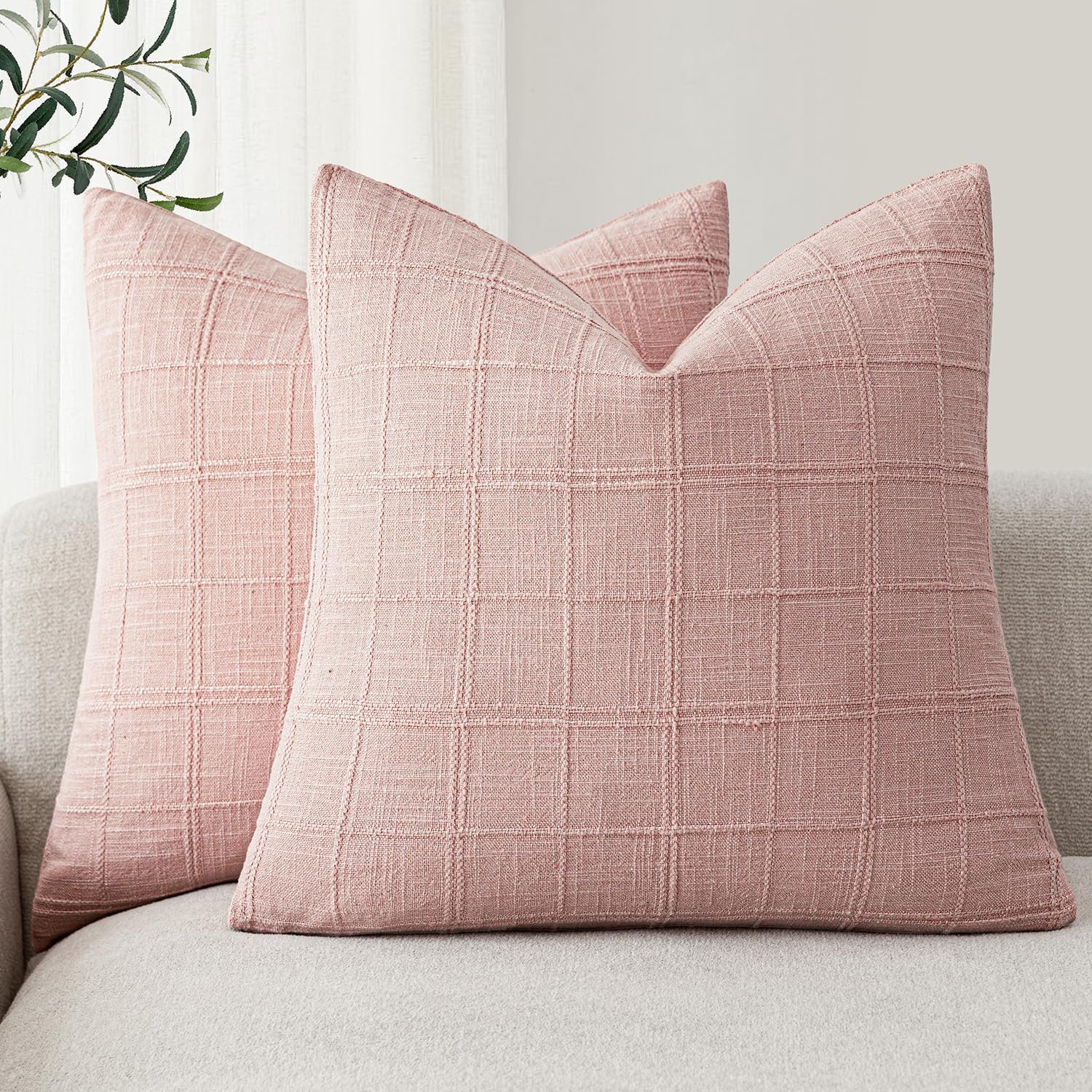 Foindtower Boho Linen Check Decorative Throw Pillow Covers 18×18 Light Pink