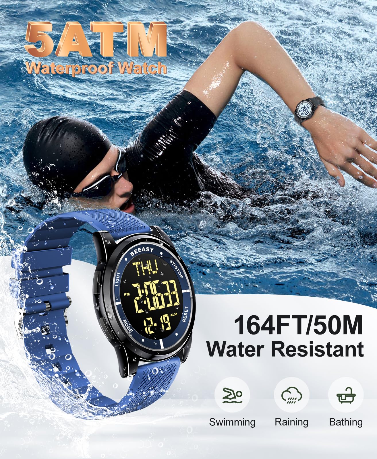 Beeasy Montre numérique étanche avec chronomètre, Alarme, Compte à rebours, Double Temps, Ultra Mince, Super Grand Angle, Montre numérique pour Homme et Femme