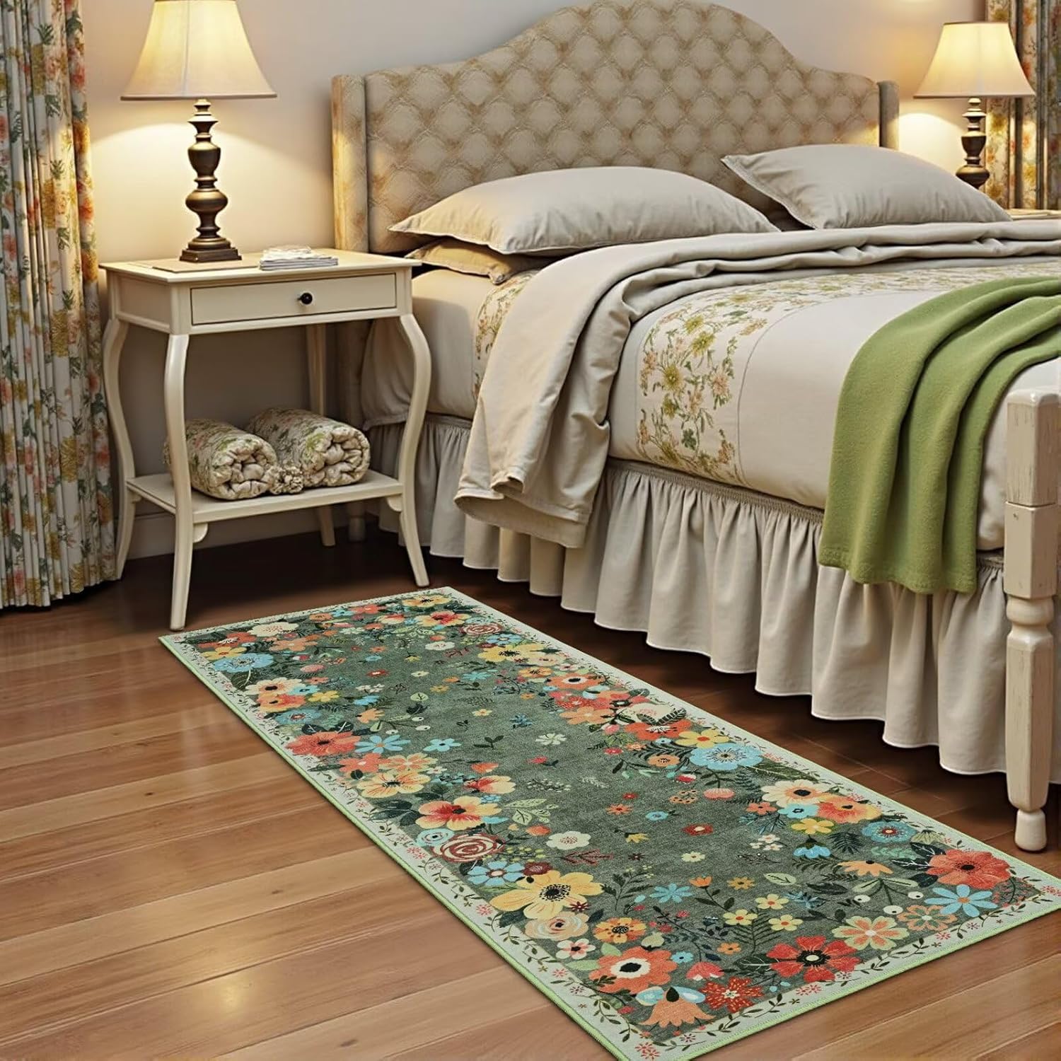 Vasofe 2x6 Runner Rug for Hallway, Washable Rugs for Kitchen, Bedroom, Modern Floral Indoor Mat for Girl's Room, Laundry Room, Bedside, Non Slip Low Pile Soft Mats Home Decor Carpet, Sage Green