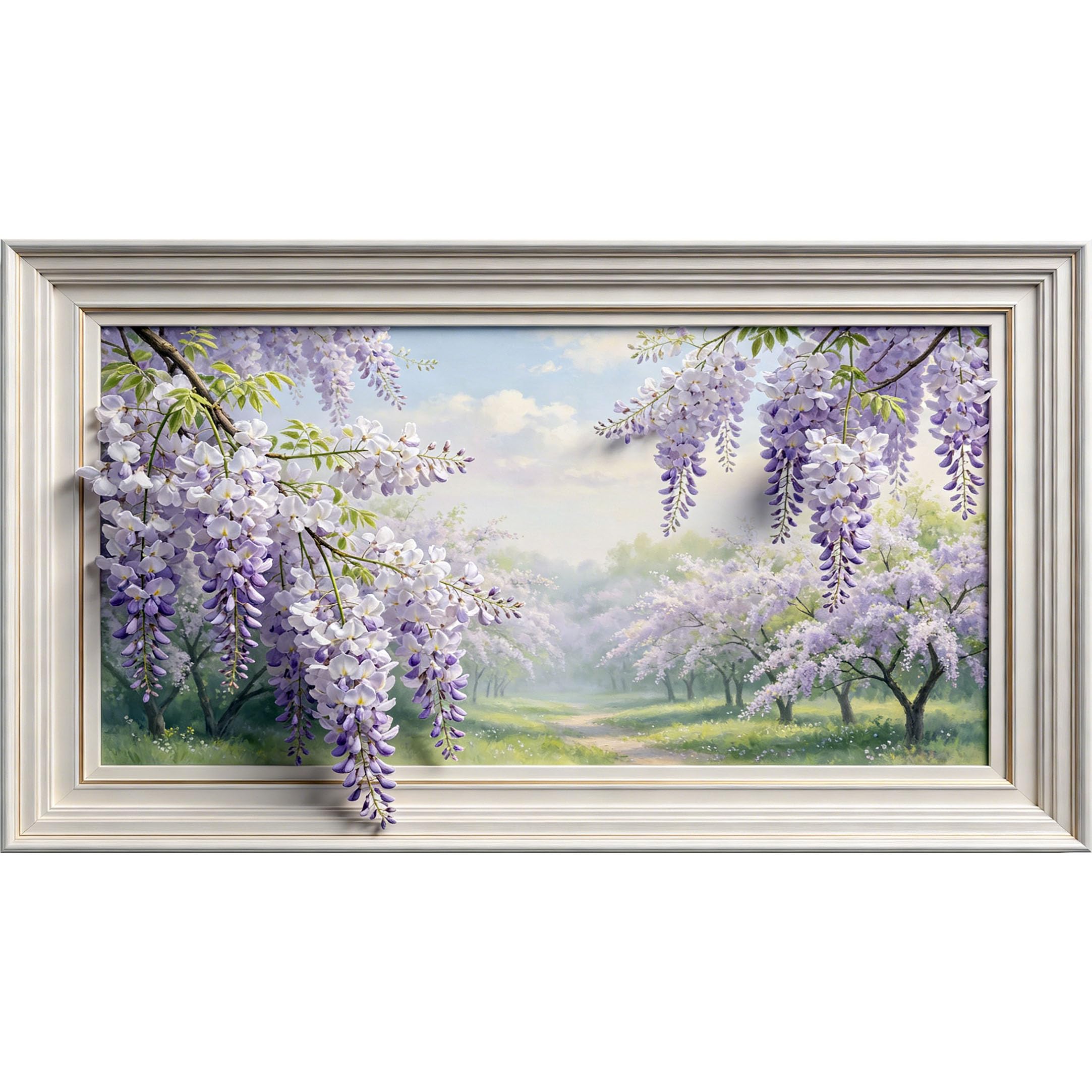 QZLITHOTIC 50×90cm3D Framed Wall Art， Purple Wisteria Flower Landscape Botanical Watercolor Mural， Water?Activated Peel & Stick Fabric Decor Wall Decal for Bedroom Living Room