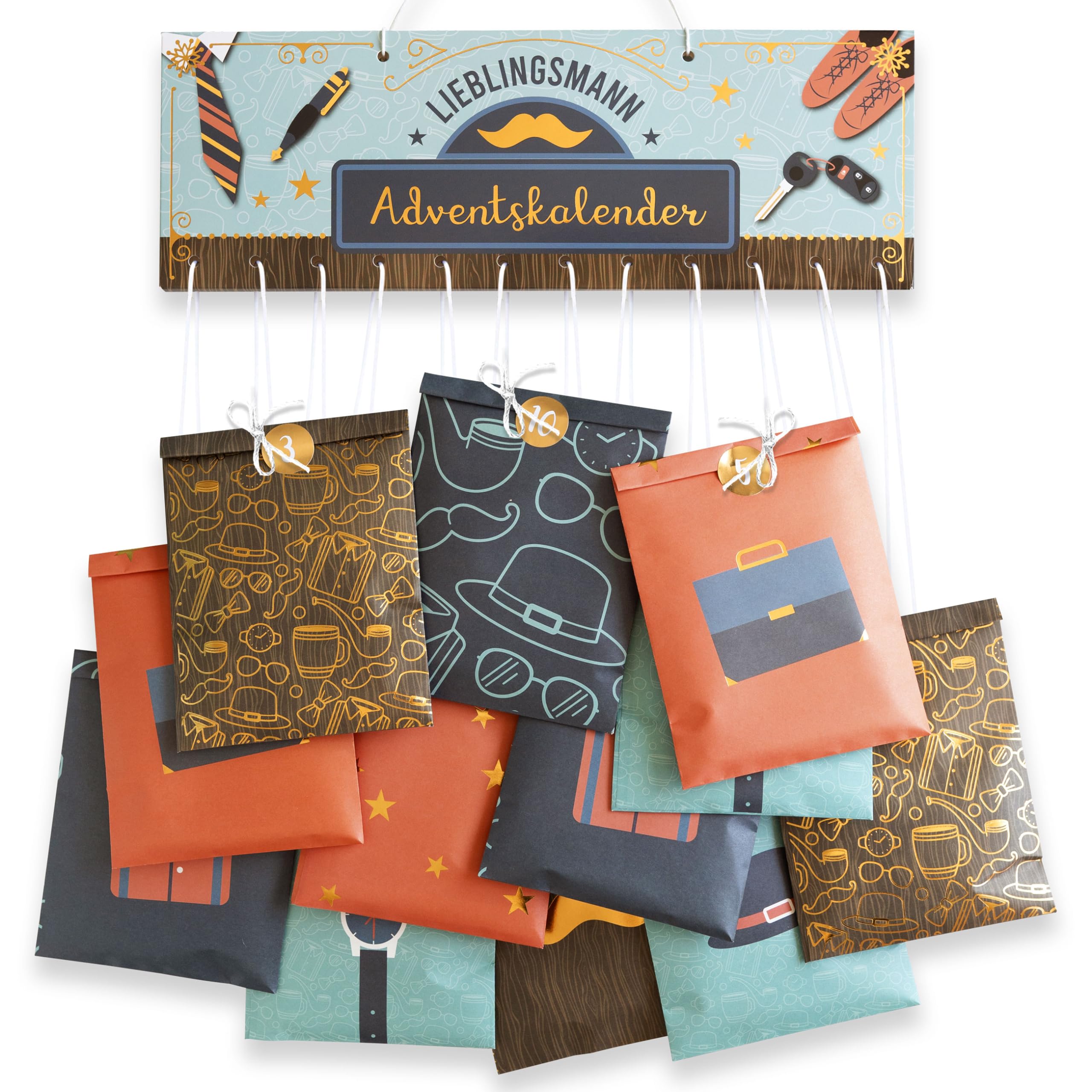 Papierdrachen Advent Calendar for the Husband, 24 Paper Bags in 4 Different Designs and 24 Stickers, Extraordinary Gift Idea