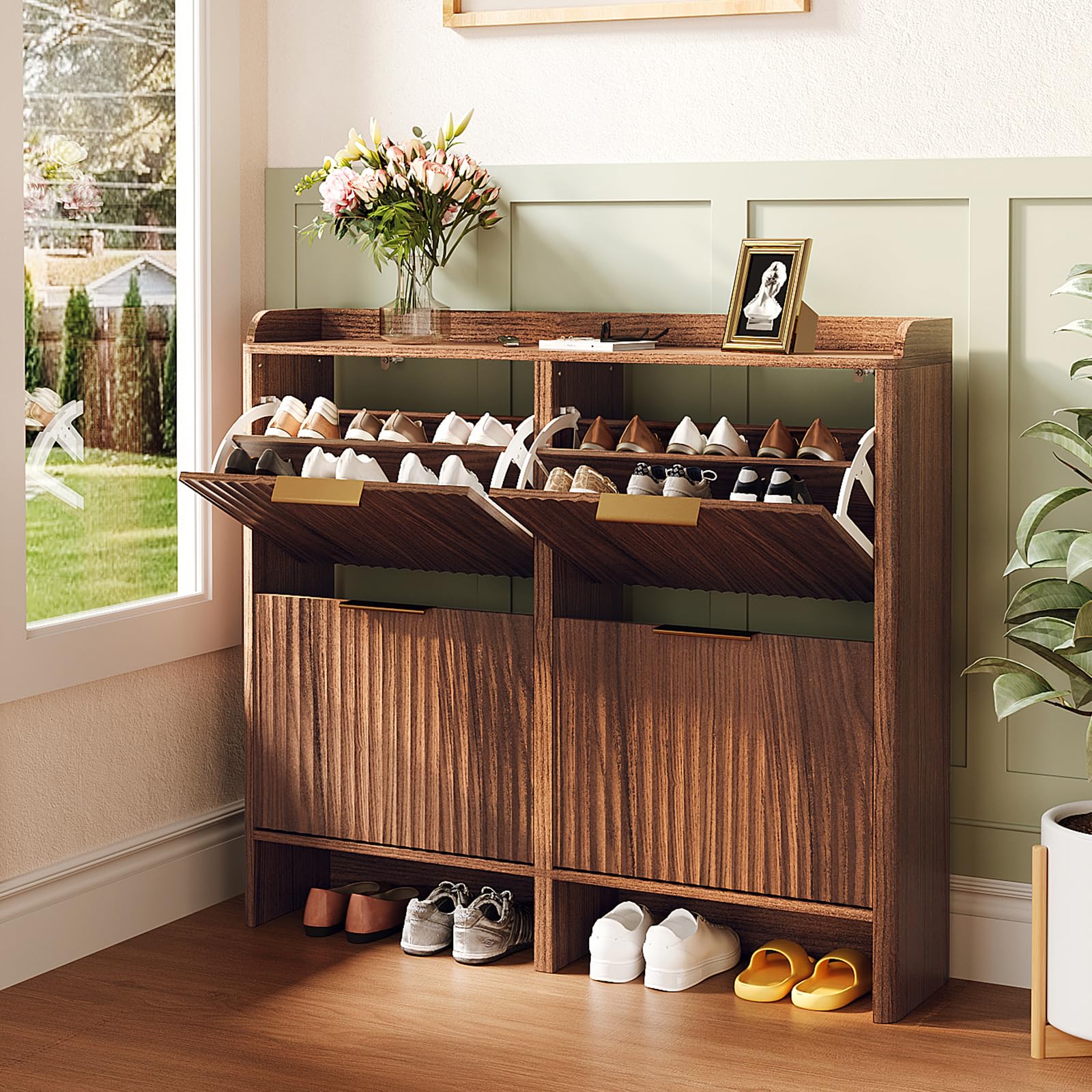 VINGLI Shoe Cabinet with 4 Flip-Down Doors, Walnut Finish – Shoe Storage Cabinet for Hallway, Louvered Grille Design, Gold Handles, Adjustable Shelves, Anti-Tip
