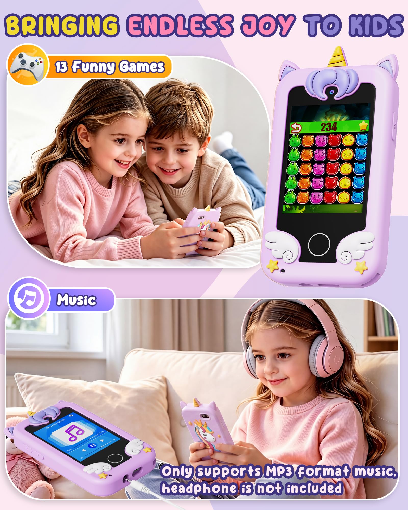 UCIDCI Téléphone Enfant Jouet pour Fille 3-7 Ans, Baby Phone avec Caméra Double, Téléphone Portable pour Enfant Jeux Éducatif 3 Ans, Lecteur MP3 Jouet Enfant 3 Ans Cadeau Enfant Anniversaire (Violet)