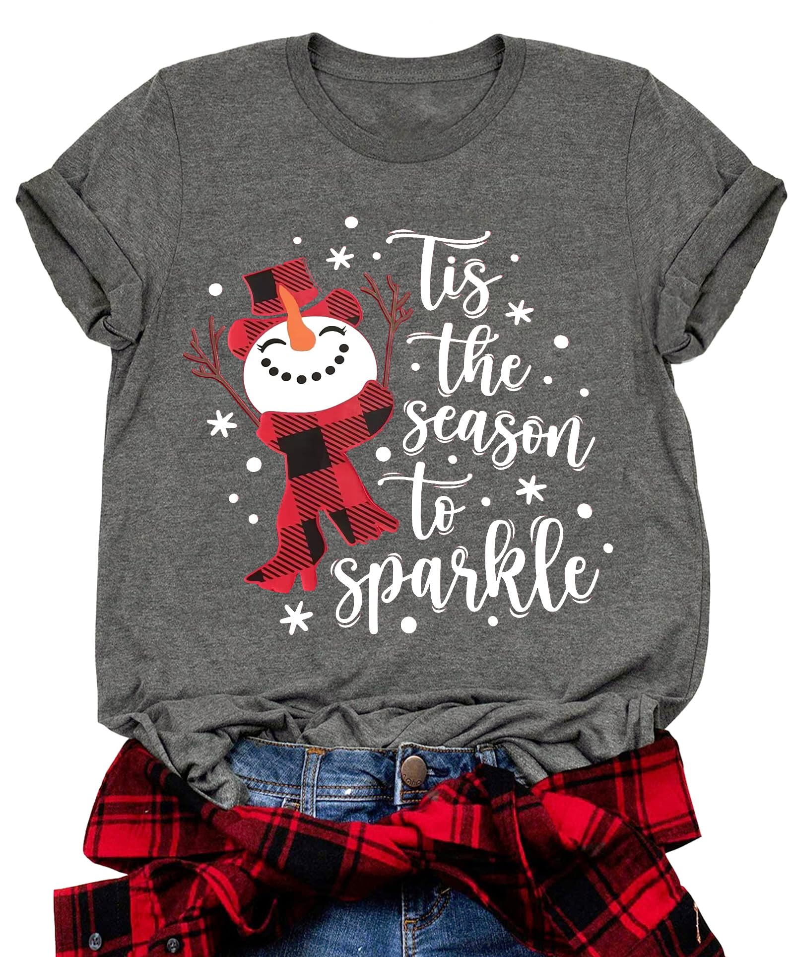 MUPAOLOChristmas Snowman Graphic Shirt Women Buffalo Plaid Xmas T-Shirts Tis The Season to Sparkle Holiday Tee Tops