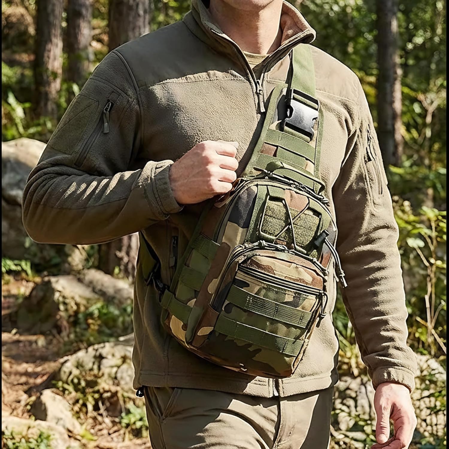 Viriber Tactical Backpack, Waterproof Military Cross-body Molle Sling Shoulder Backpack Chest Bag for Outdoor Every Day Carry Green Camo - Image 5