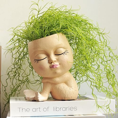 Macetas de cara para plantas de interior, suculentas, bonita maceta de resina de sirena con orificio de drenaje