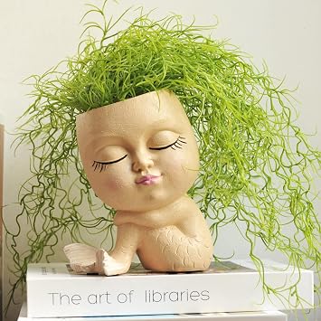 Face Planters Pots Head Cute Kiss Girl Mermaid Resin Pot Head Planter with Drainage HoleKhaki-B