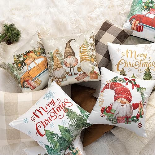 Miniatura 5 de Phantoscope Paquete de 4 fundas de almohada de Feliz Navidad, coronas de gnomos de Navidad, árboles de Papá Noel y fundas de almohada decorativas