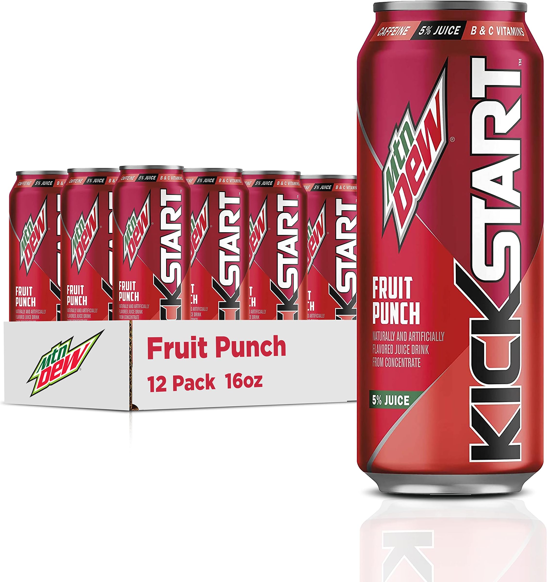 Mountain Dew Kickstart, Fruit Punch, 92mg Caffeine, Vitamins B & C, 80 Calories, 5% Juice, 16 fl oz (12 Count)