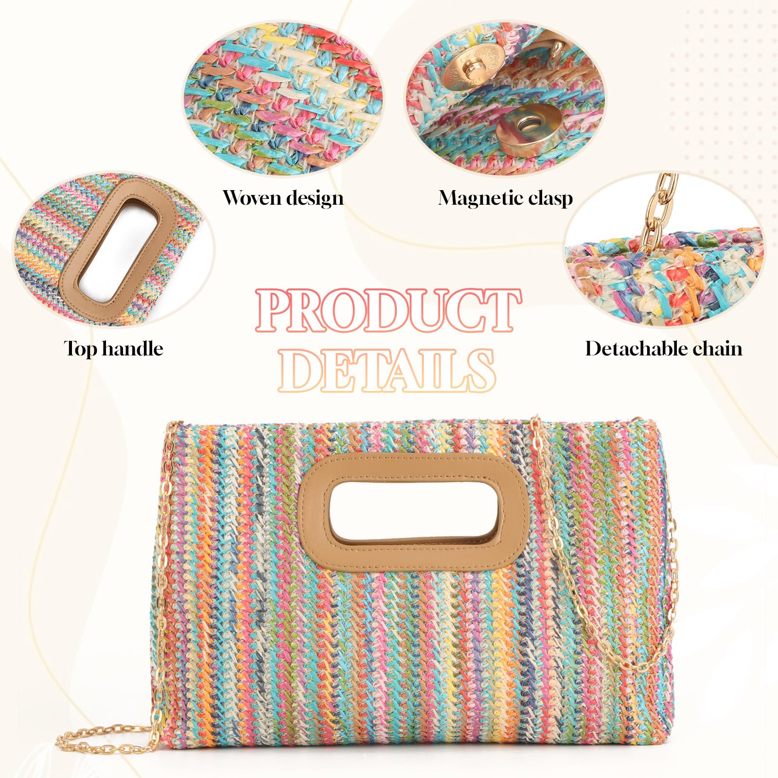 EVEOUT Clutch de Paja Mujer Elegante Bolso de Mano de Noche con Cadena para Fiesta Boda Bolsos Trenzado Rafia Sintética para Playa Verano