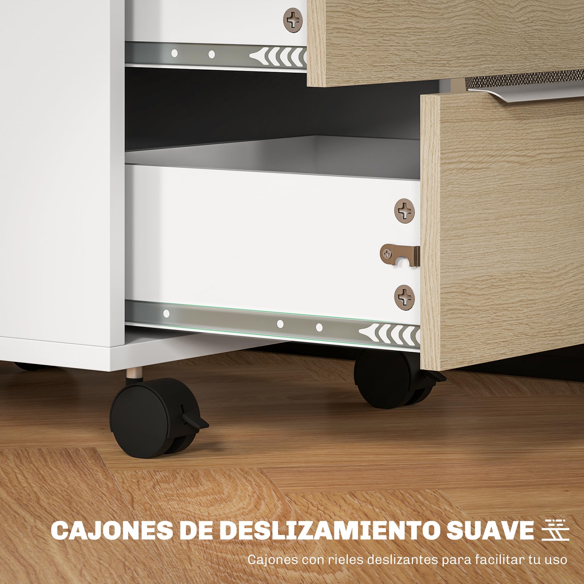 HOMCOM Cassettiera per ufficio su ruote 3 cassetti con serratura e 2 chiavi per sala studio 40x40x63,5 cm Bianco e rovere