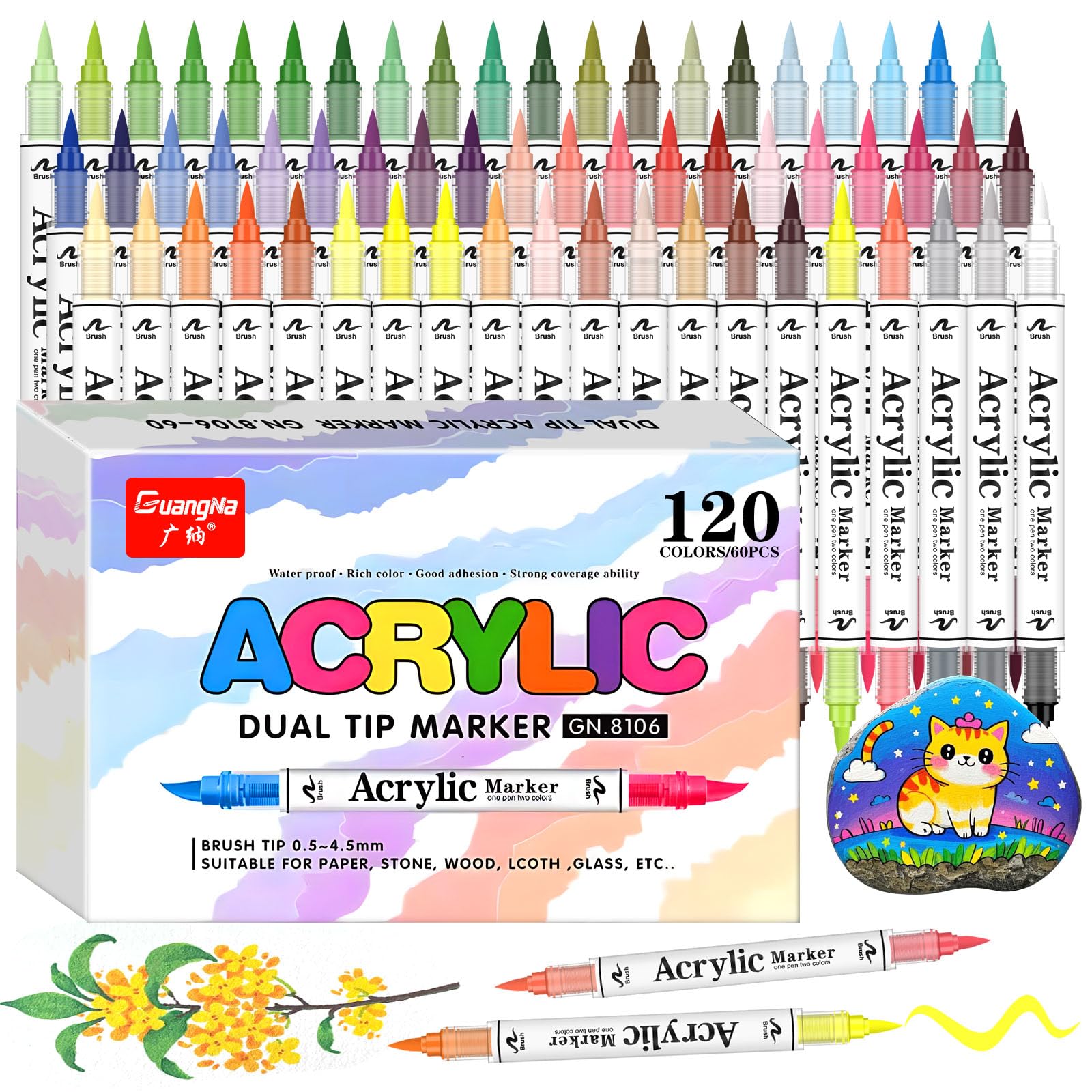 Gunsamg 120 Colores (60 Piezas) Rotuladores Acrílicos de Doble Punta – Punta de Pincel para Artistas, Colores Intensos y Cubrientes para Superficies como Cristal, Cerámica, Metal, Madera y Tela Global Recycled Standard Global Recycled Standard Global Recycled Standard