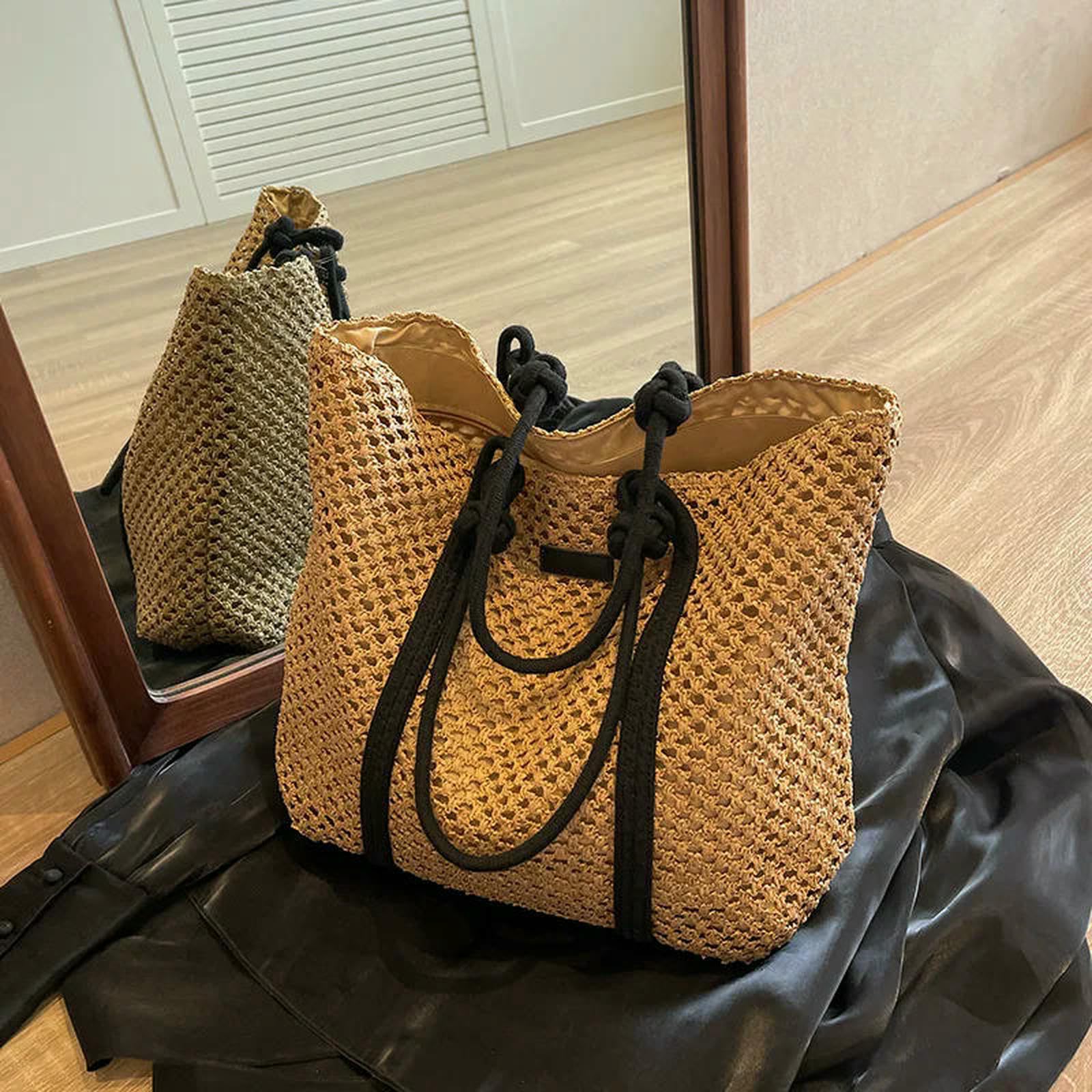 Borse di Paglia Borsa da Donna Elegante in Intrecciata Spiaggia per Le Vacanze Shopper Casual con Manico Superiore A Tracolla sotto Ascelle alla Moda-beige-37x14x34 Cm