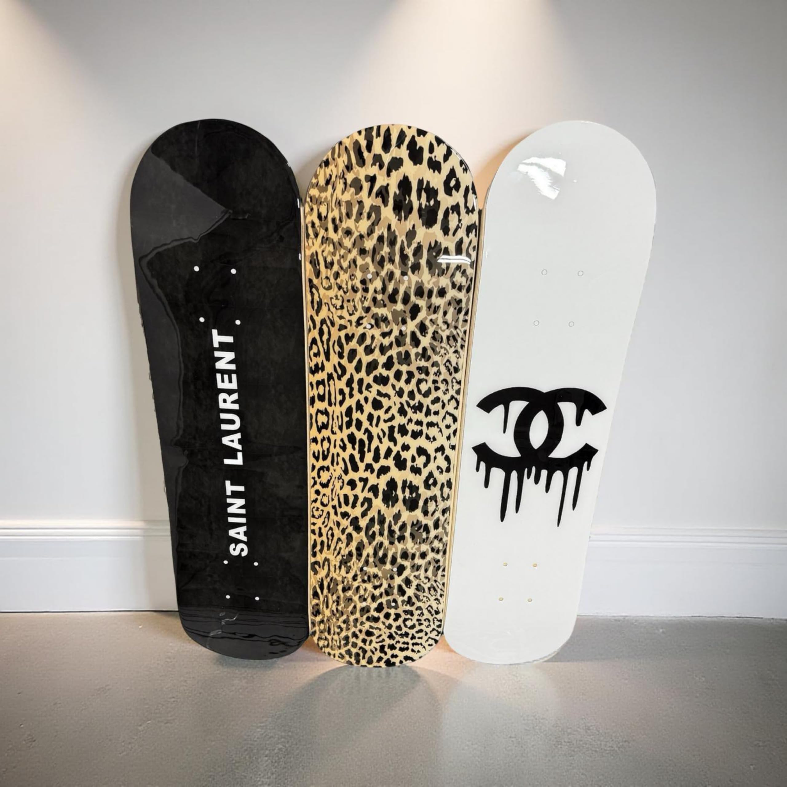 BDTrims 3 Pack Designer-Influenced Pop Art Skateboard Deck Set, Black White and Leopard Print, Premium 7-Ply Maple, Wall Decor, Customization Available