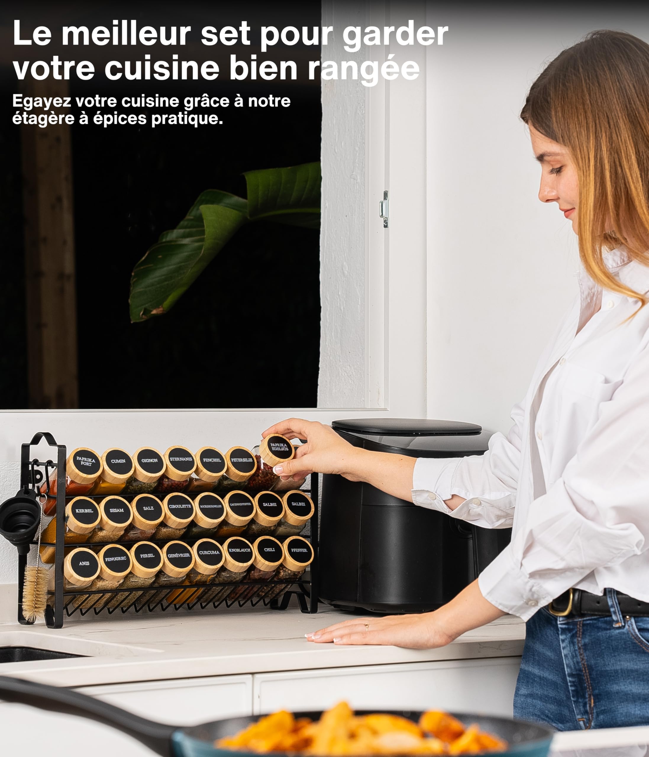 Deco haus® Étagère à Épices & Bocaux - Rangement et Organisation de Cuisine & Maison - Métal, 3 Niveaux - 24 Pots 48 Étiquettes 1 Brosse 1 Entonnoir & Crochets - Autoportante/Murale - Noire