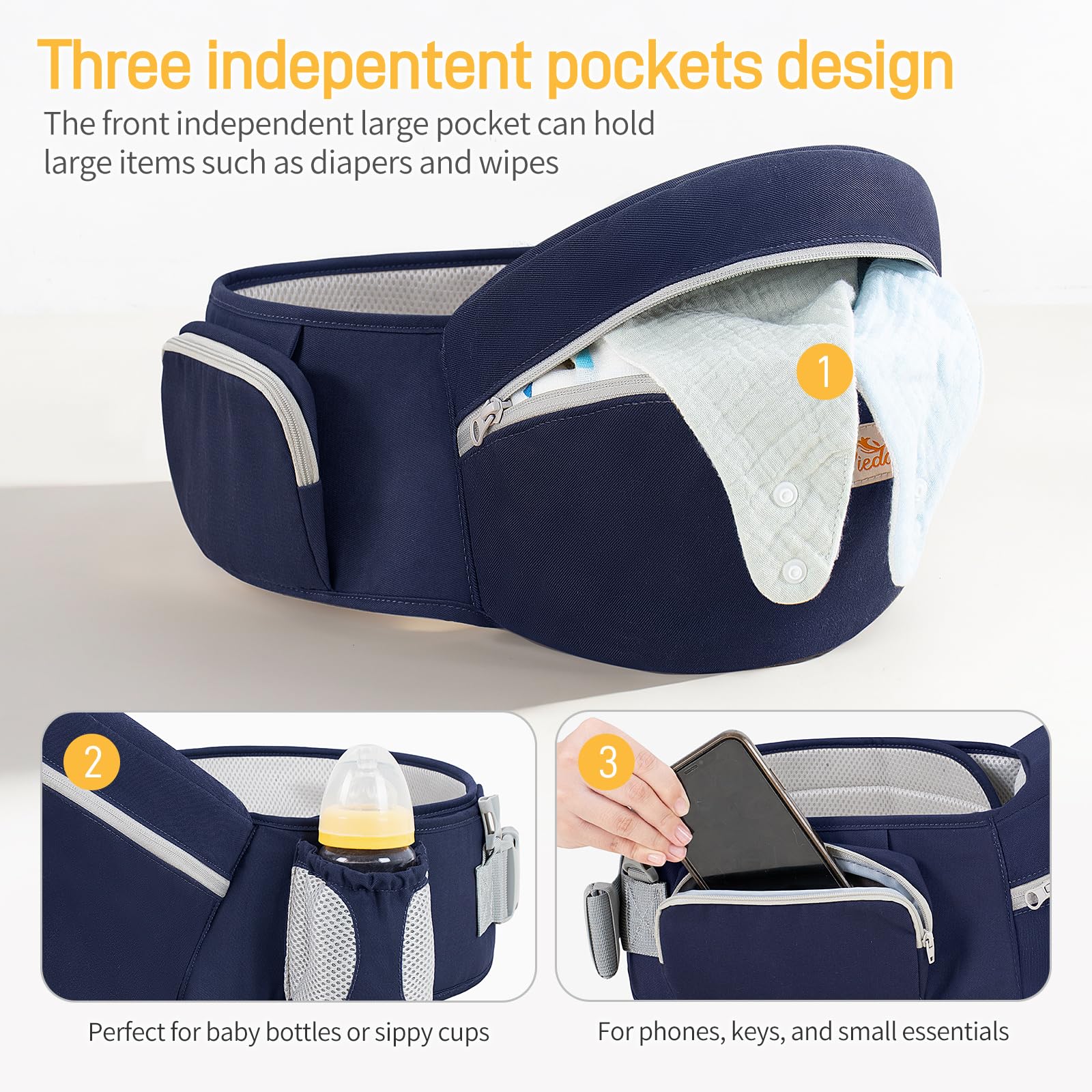 Viedouce Portabebé Ergonómico Asiento de Cadera,con Protección del Cinturón la Seguridad,Algodón Puro Ligero,Taburete de Cintura de Posición Múltiple por Bebé Niños 4-36 Meses(Azul Oscuro)