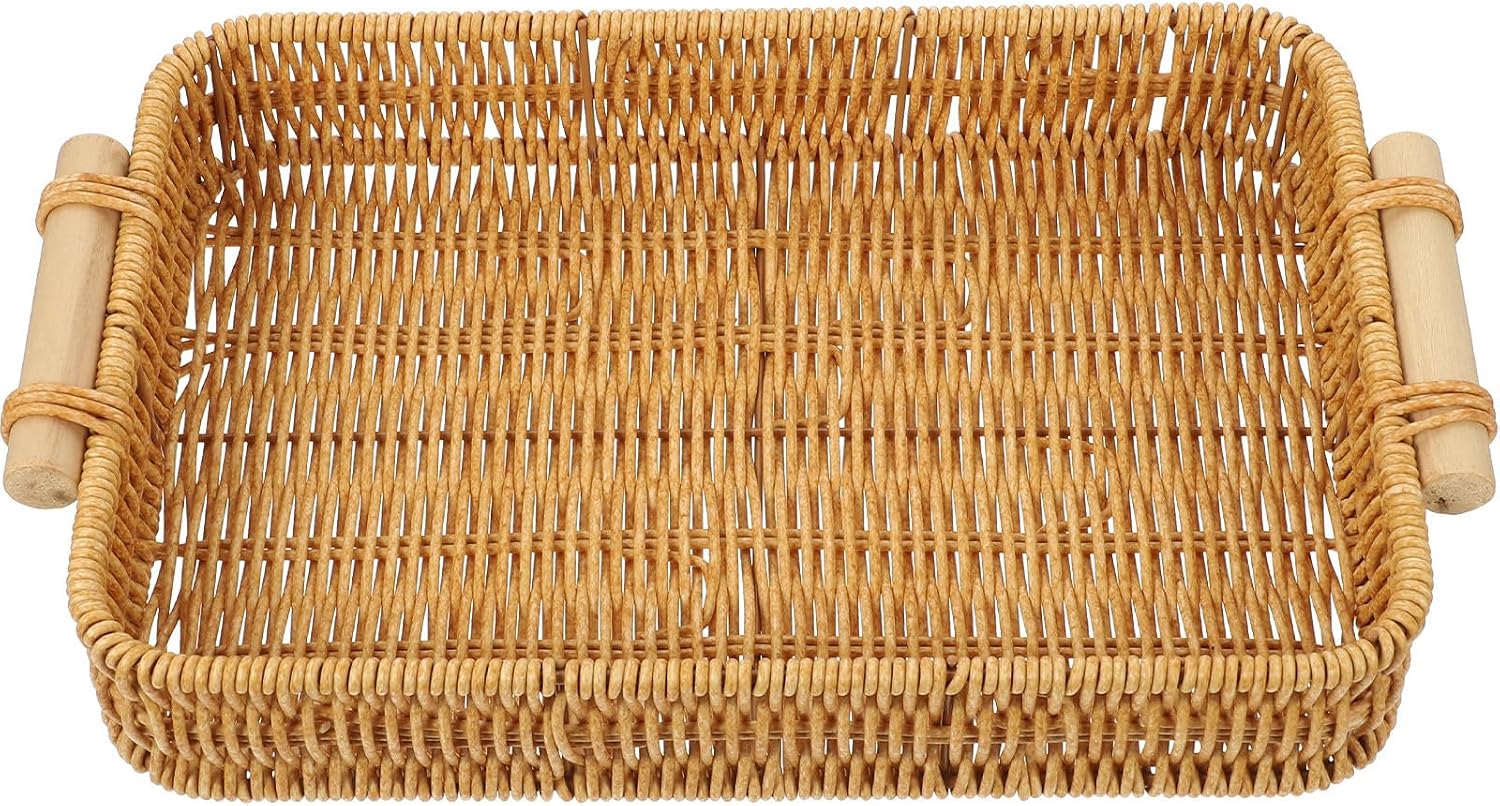 Hand Woven Rattan Storage Basket with Handles Small Size 30x20x5.5cm Rustic Bread and Fruit Basket for Kitchen Countertop Organization and Food Serving