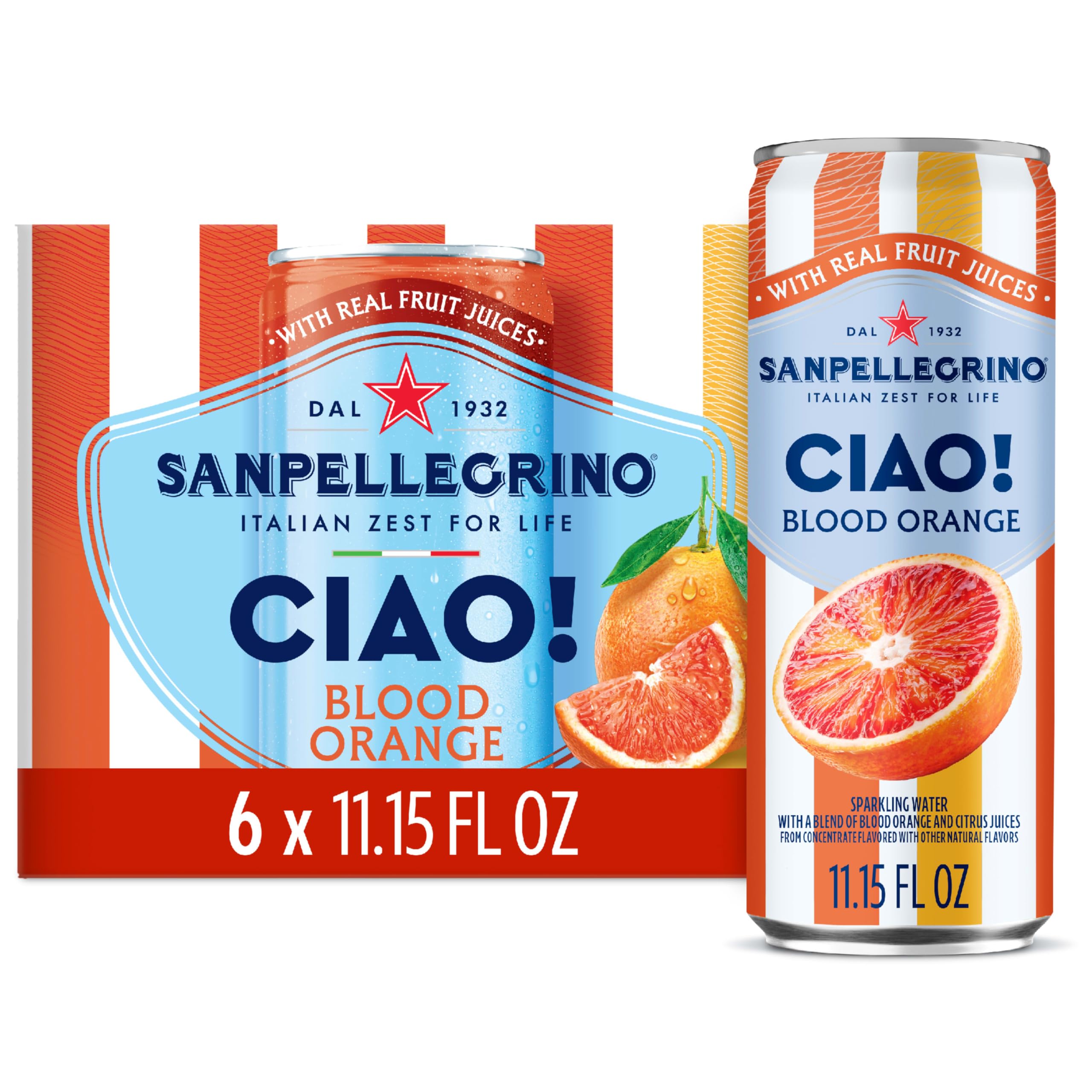 Sanpellegrino CIAO Blood Orange Sparkling Water, Low-Calorie Italian Sparkling Water with Real Fruit Juices, 0g Added Sugar, 6-Pack
