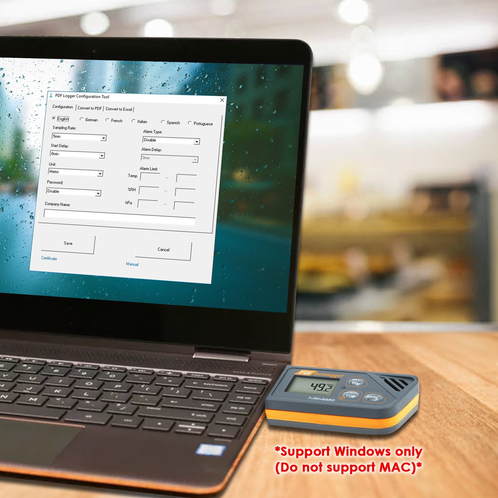 Registrador de datos de temperatura y humedad USB con sensor de presión atmosférica IP65, impermeable, informes CSV y PDF de alta precisión