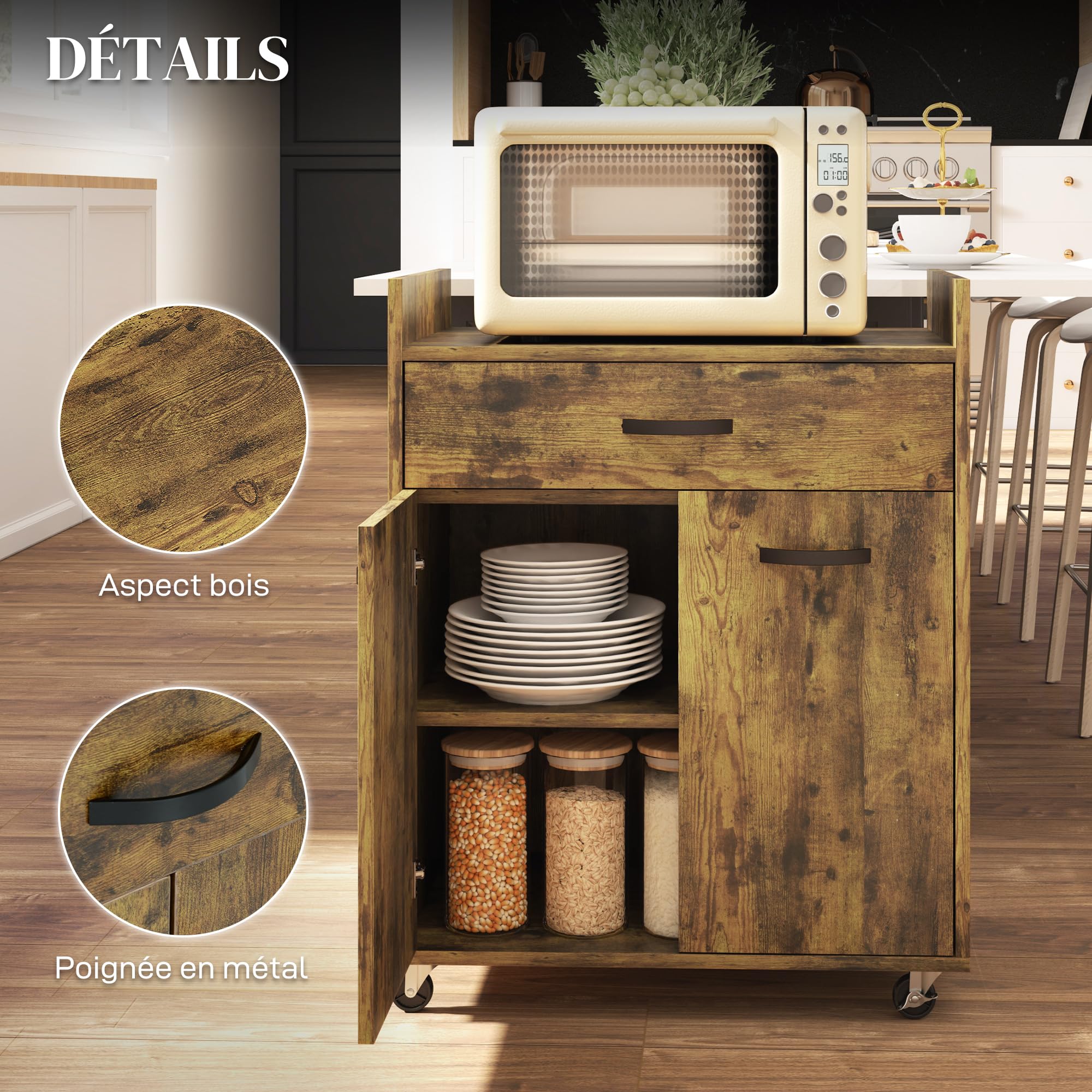 HOMCOM Chariot de Service desserte de Cuisine à roulettes tiroir Placard 2 Portes étagère en Bois Effet Bois d'acajou