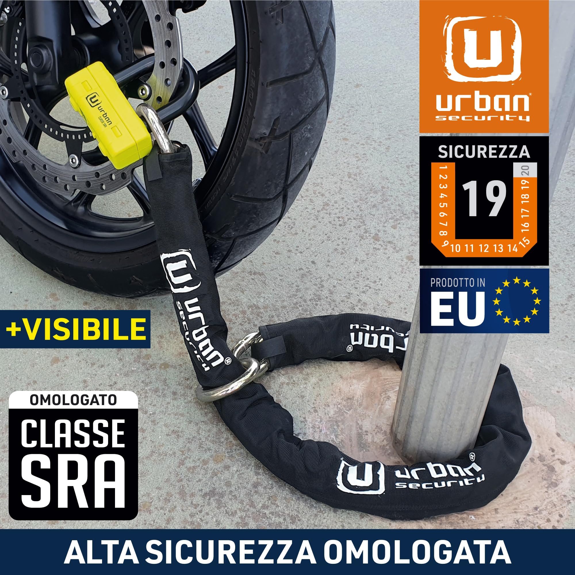 URBAN UR74120L Antifurto per Moto, Alta Sicurezza, Omologato SRA, mini U + Catena ø13,5, lazo 120 cm