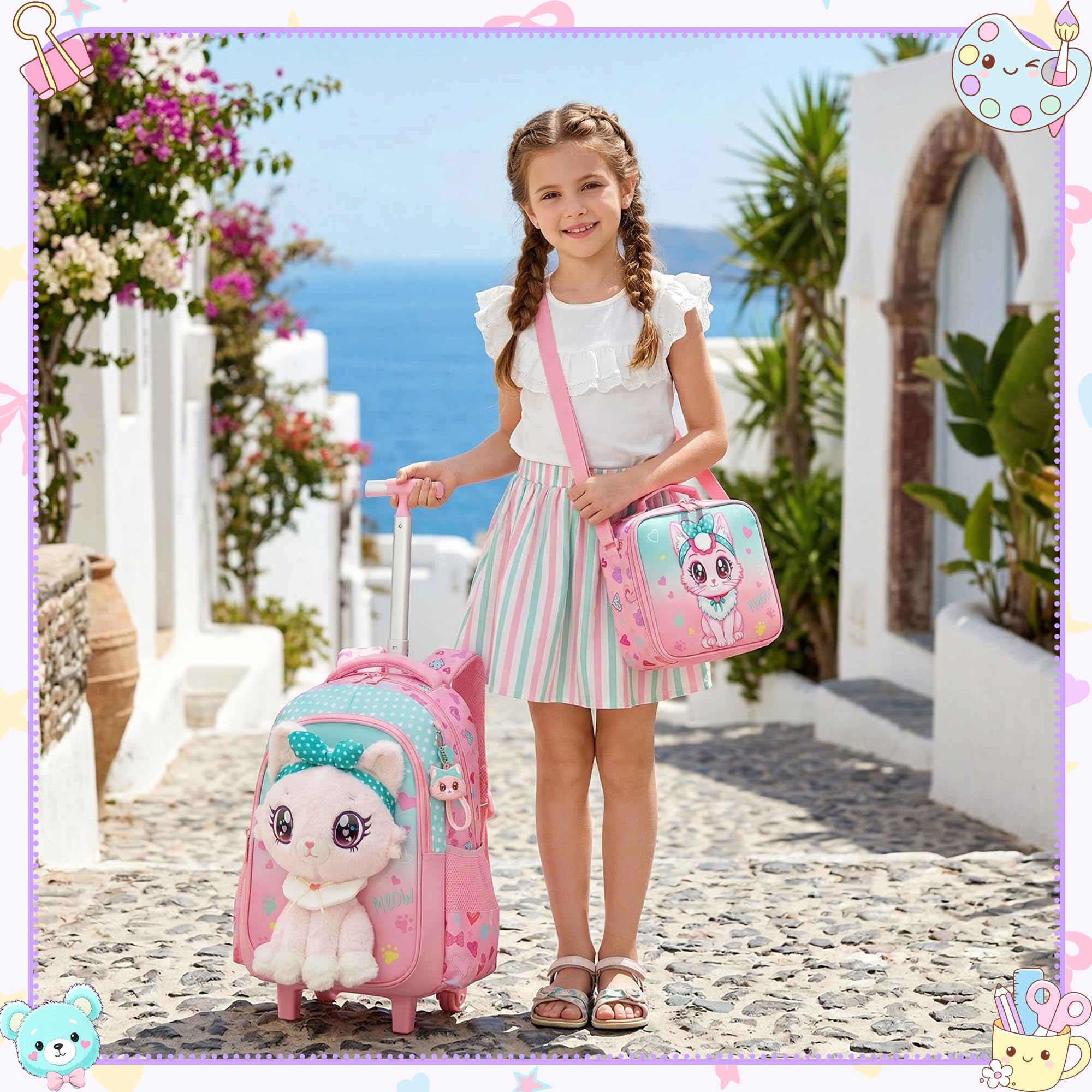 HTgroce Schulrucksack Trolley Mädchen (Süße Katze) – Schulranzen mit Rollen & Kinderkoffer – Schultasche für Grundschule (1. & 2. Klasse) & Reisen