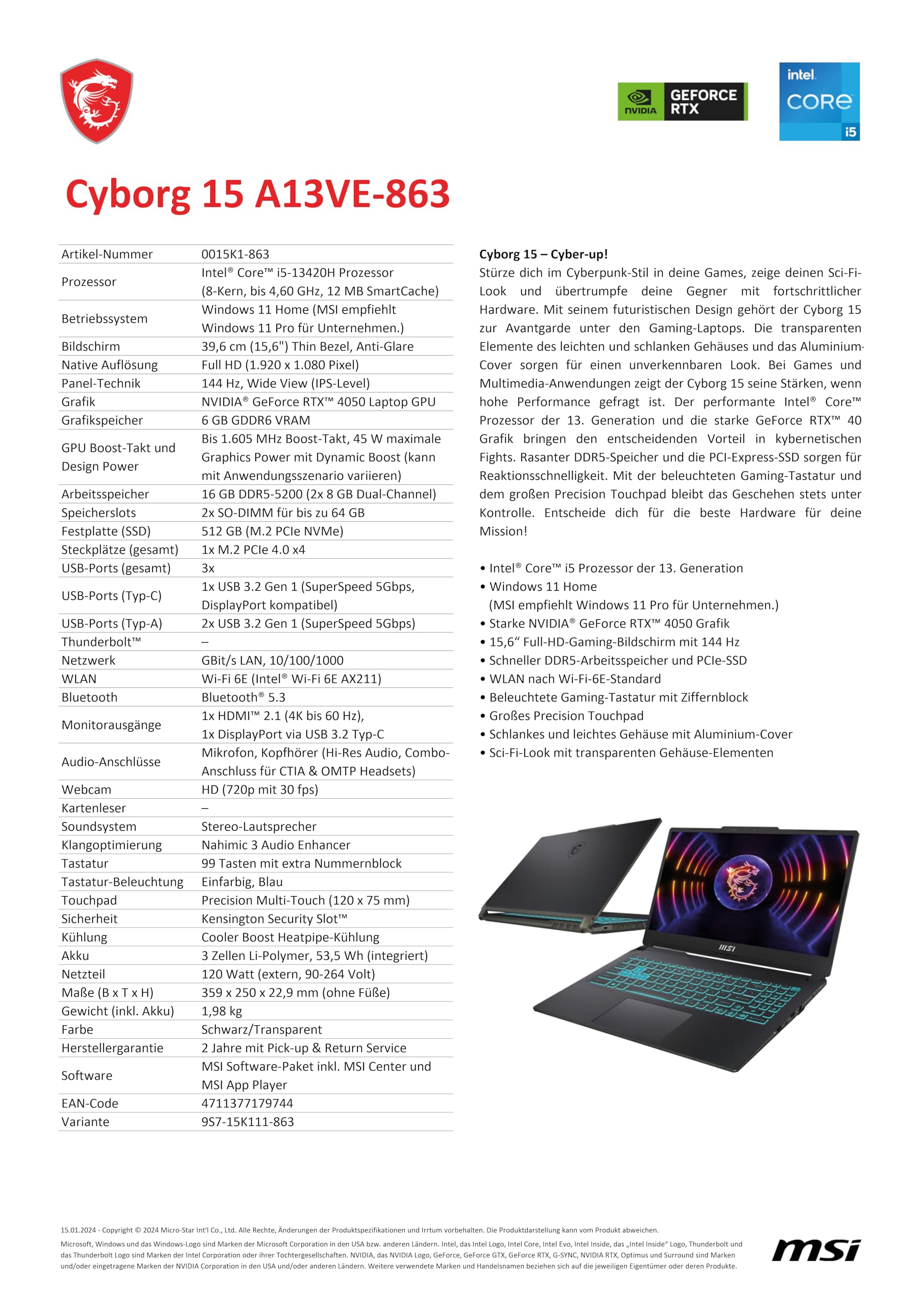 MSI Cyborg 15 A13VE-863 Laptop gamingowy 15,6″ Full HD 144 Hz, Intel Core i5-13420H, NVIDIA GeForce RTX 4050, 16 GB DDR5, 512 GB SSD, Windows 11 Home, klawiatura QWERTZ, czarny/przezroczysty
