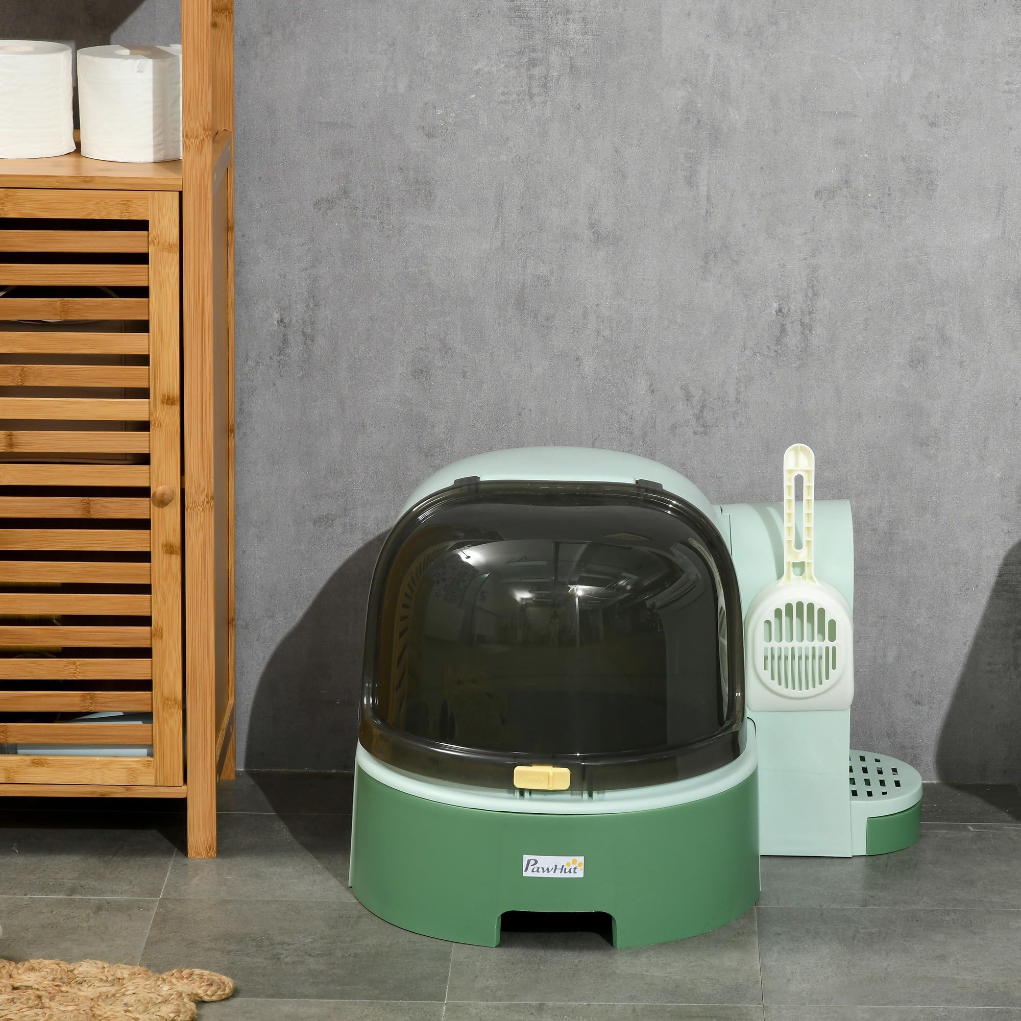 PawHut Arenero para Gatos con Cubierto Caja de Arena para Gatos en Forma de Cápsula Espacial con 2 Bandejas Extraíbles y Pala 52x60x42 cm Verde