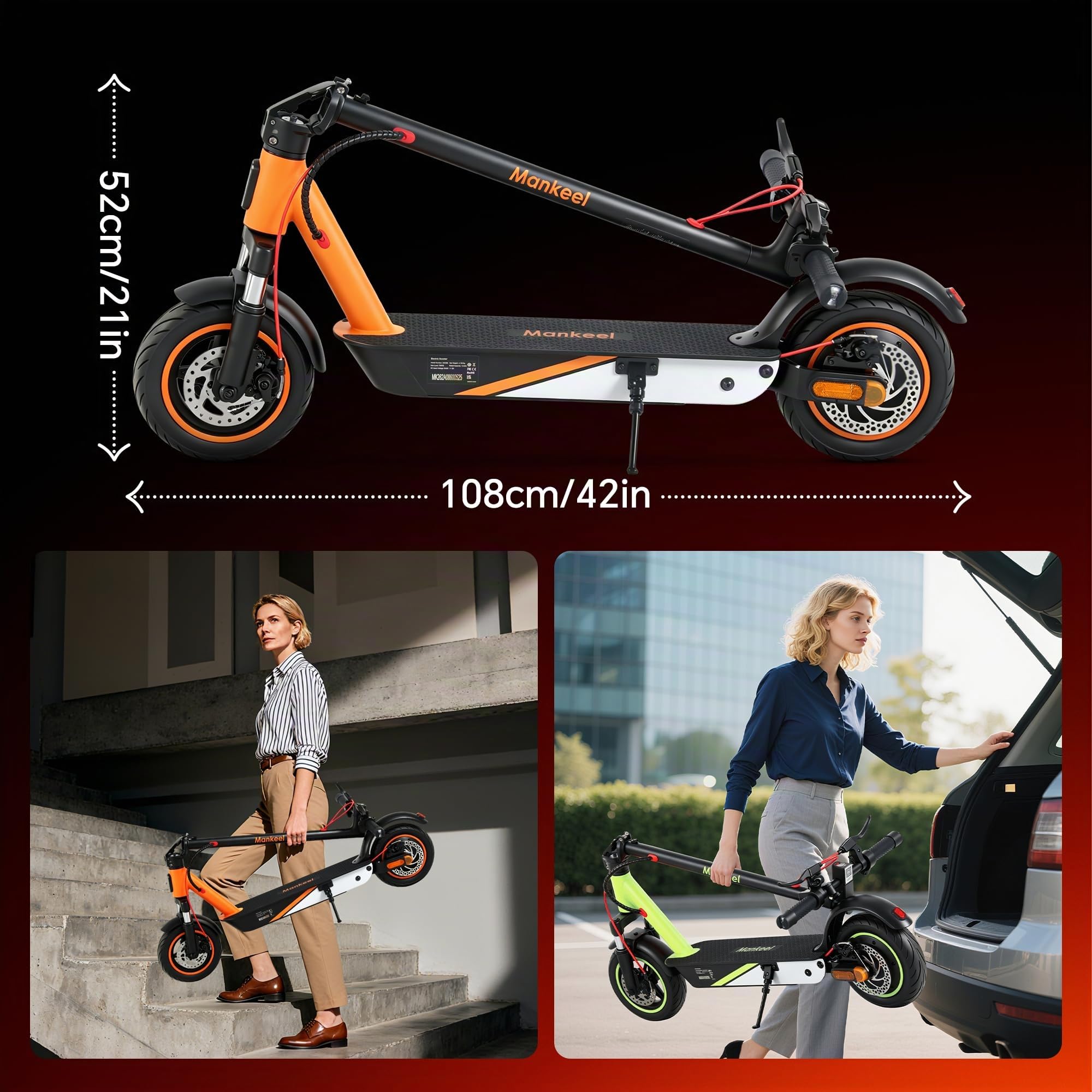 Trottinette Electrique Adulte, Pneus 10" Pouces, Batterie 48V/10.4Ah, Vitesse 25km/h, Autonomie 50km, Idéale pour Déplacements Courts et Trajets Urbains