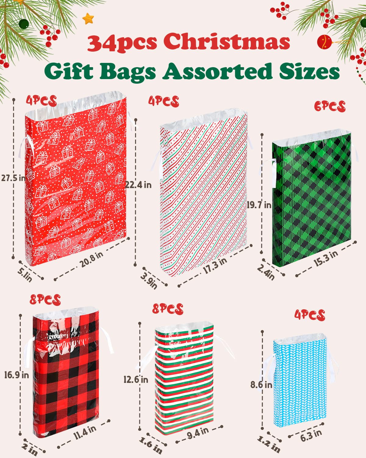 Bolsas de regalo de Navidad de varios tamaños, 34 bolsas de Navidad para regalos, bolsas de regalo de Navidad pequeñas/medianas/grandes/extragrandes con lazos de cinta, bolsa de regalo reutilizable de