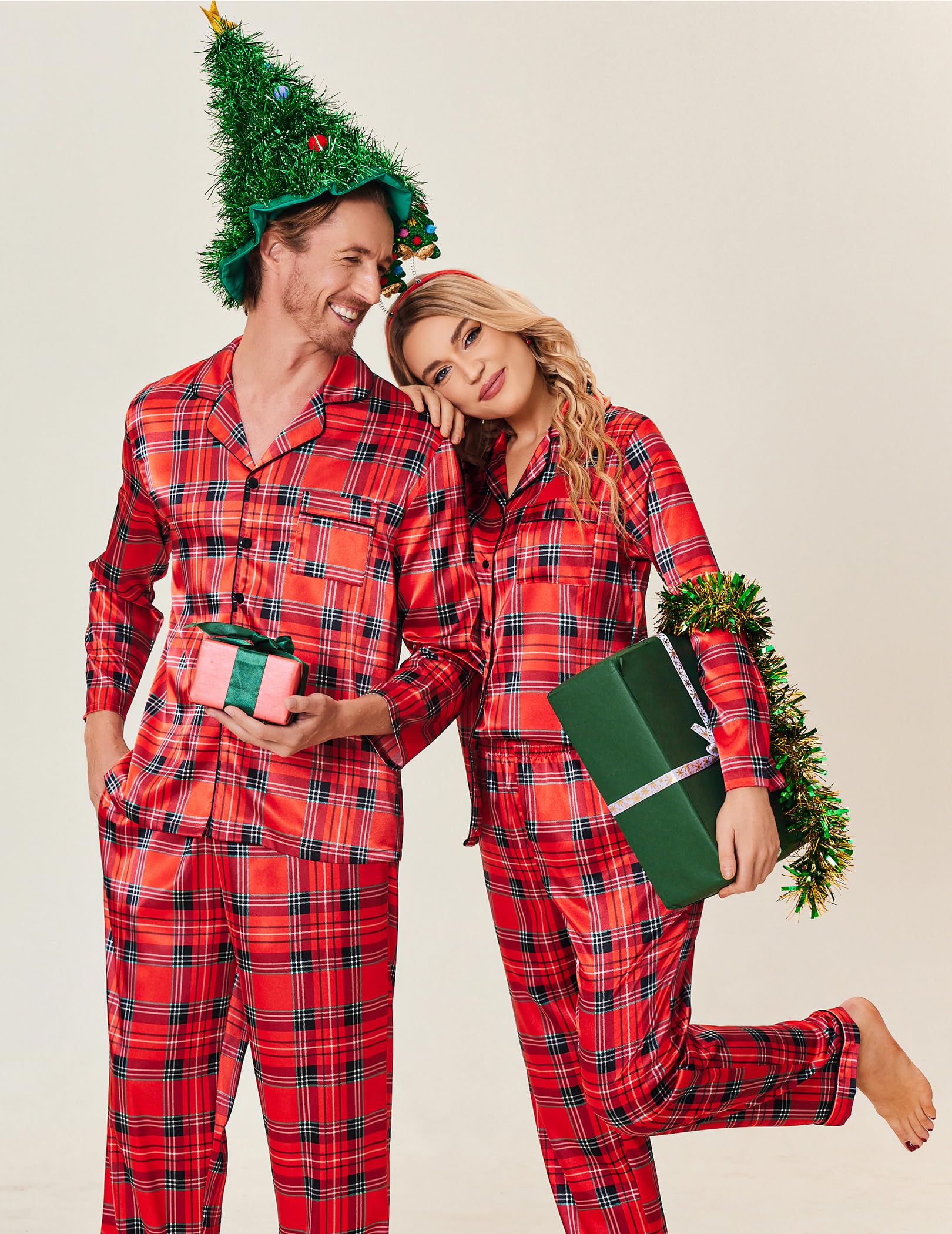 Ekouaer Conjunto de pijama de satén de seda para mujer, manga larga, con botones, suave, de dos piezas, S-XXL, Tartán rojo de Navidad, Medium