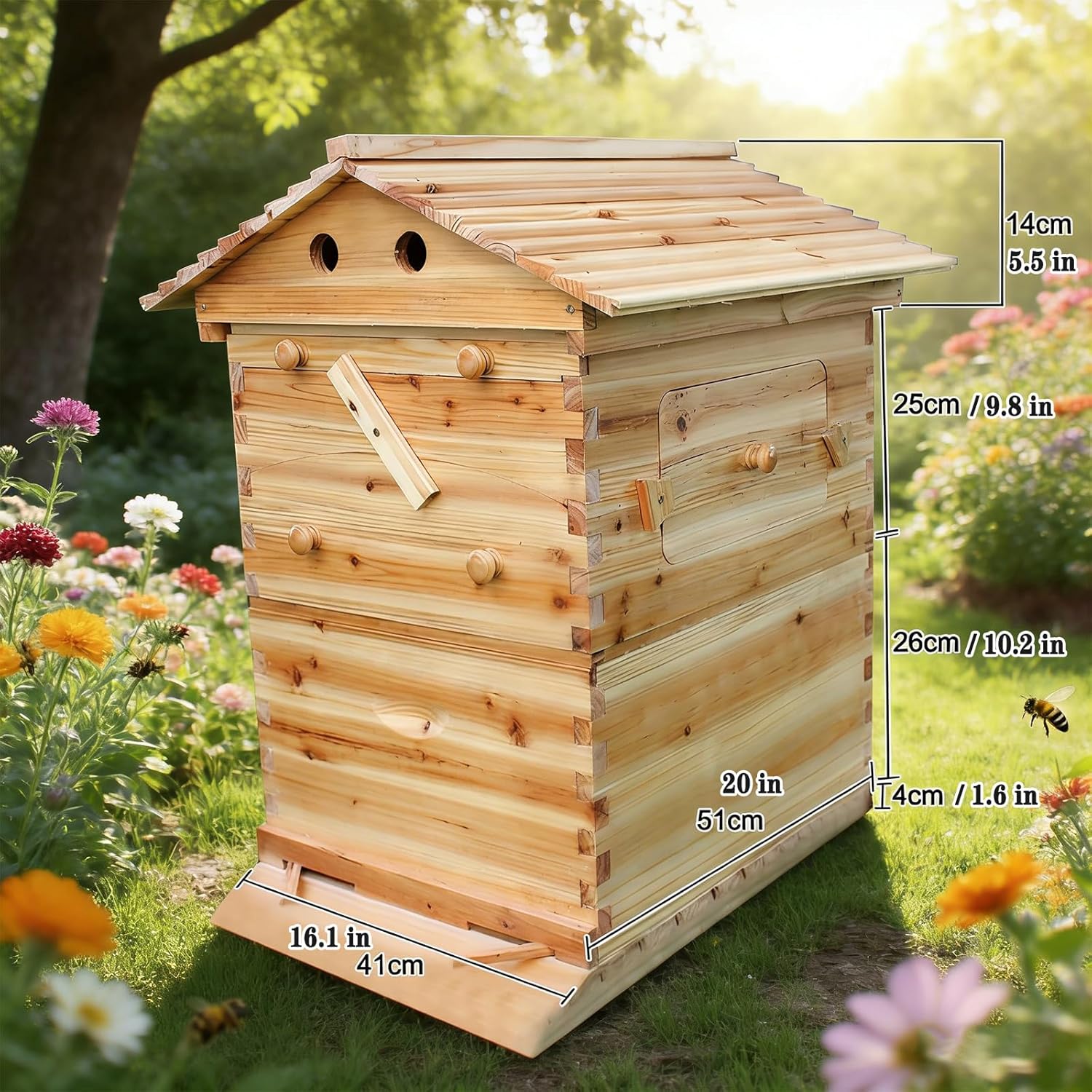 Beehive Starter Kit with Self-Flowing Honey Frames, Wooden Bee Box with 7 Honeycomb Trays, Observation Window and Honey Spout for Garden Beekeeping and Pollinators