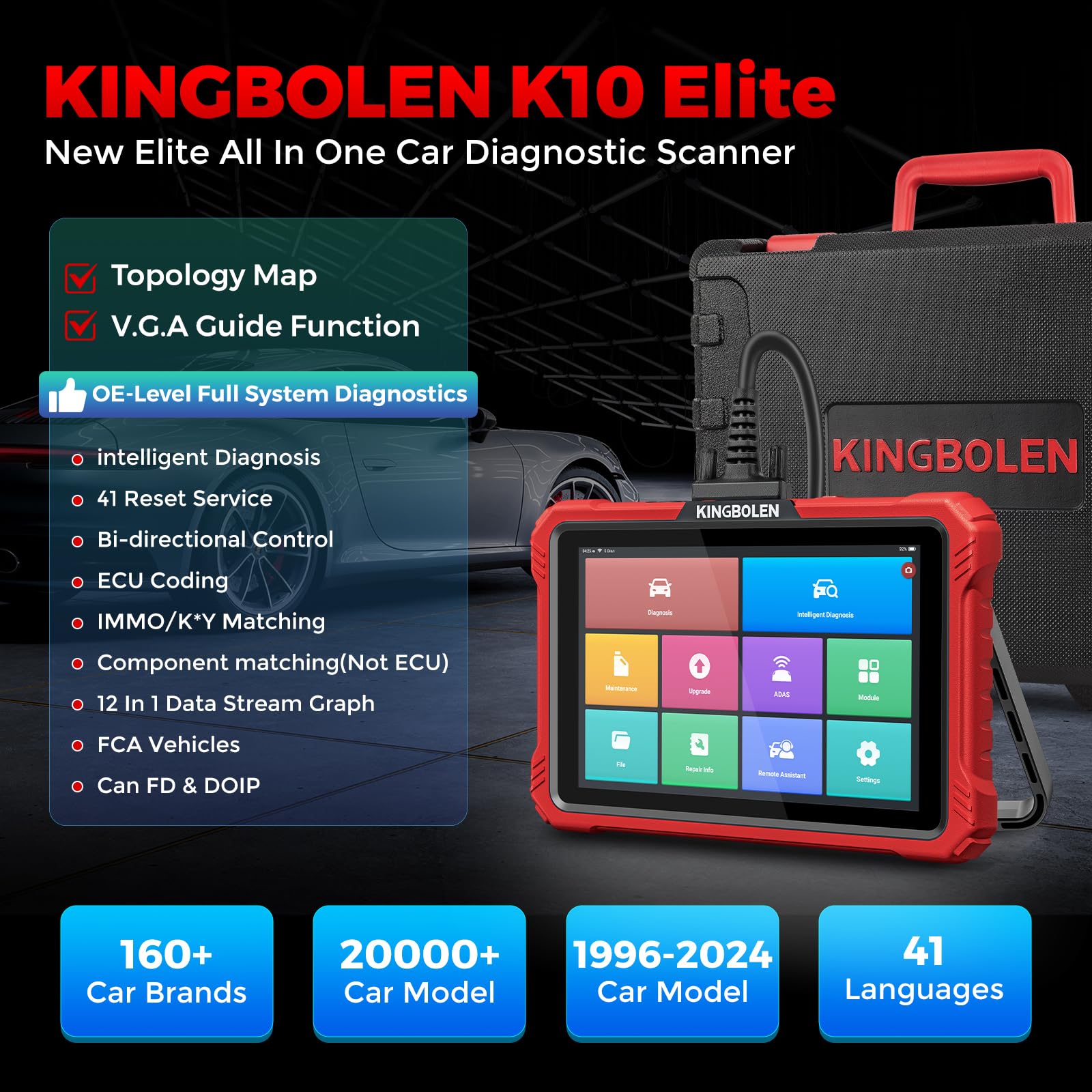 KINGBOLEN K10 Elite Obd2 urządzenie diagnostyczne, dwukierunkowe urządzenie diagnostyczne na poziomie OE, wszystkie systemy, urządzenie diagnostyczne z kartą topologii, kodowanie ECU, FCA Can FD i
