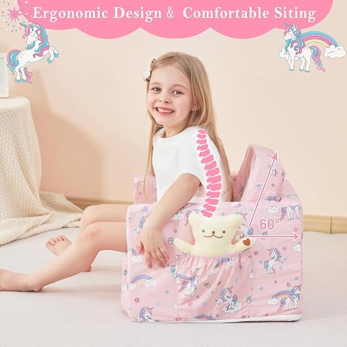 Miniatura 6 de Sofá infantil plegable 2 en 1, sofá convertible a tumbona para niñas y niños, con funda extraíble y bolsillos dobles, unicornio rosa