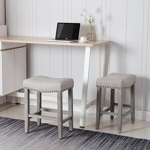 Miniatura 10 de WO Home Furniture Taburete de bar de altura de mostrador de 24 pulgadas, asiento de silla de montar sin espalda, taburete de bar con patas grises