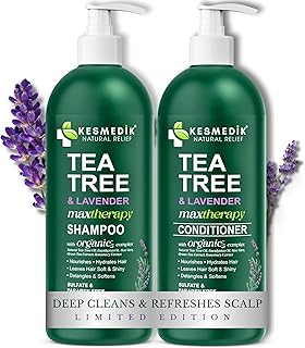 KESMEDIK Tea Tree Lavender Shampoo & Conditioner Set with Mint & Rosemary, Cleanses, Cools & Soothes Dry, Itchy Scalp, Sulfate & Paraben-Free, For All Hair Types, 16 fl oz Each
