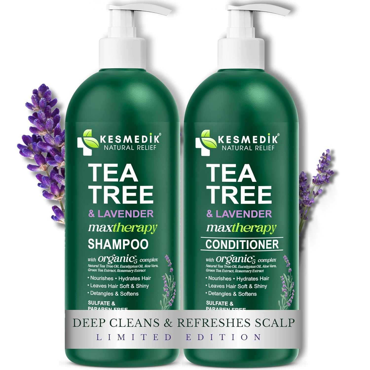 Tea Tree Lavender Shampoo & Conditioner Set with Mint & Rosemary, Cleanses, Cools & Soothes Dry, Itchy Scalp, Sulfate & Paraben-Free, For All Hair Types, 16 fl oz Each