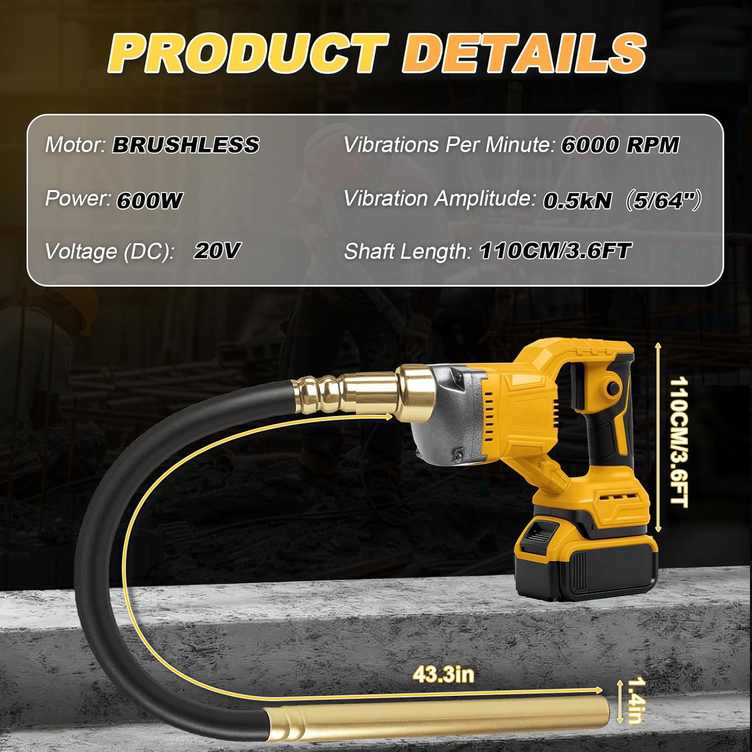 Cordless Concrete Vibrating Tool for Dewalt 20V Battery, 600W Brushless Concrete Vibrator with 6000 RPM, 3.6ft Flexible Shaft, Handheld Bubble Remover for Concrete Projects (No Battery)