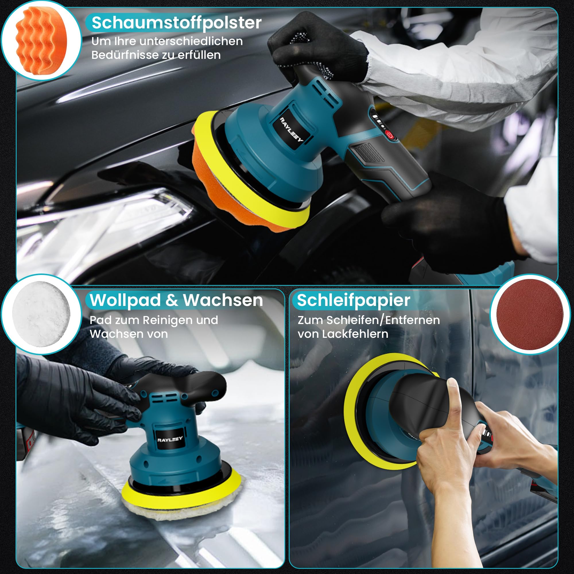 Poliermaschine Auto für Bosch18V LXT-Serie Akku, 27pcs Auto poliermaschinen Set, 6 Zoll Orbital Auto Politur mit 3 Variablen Geschwindigkeiten für Wachsen/Autodetaillierung (Ohne Akku)