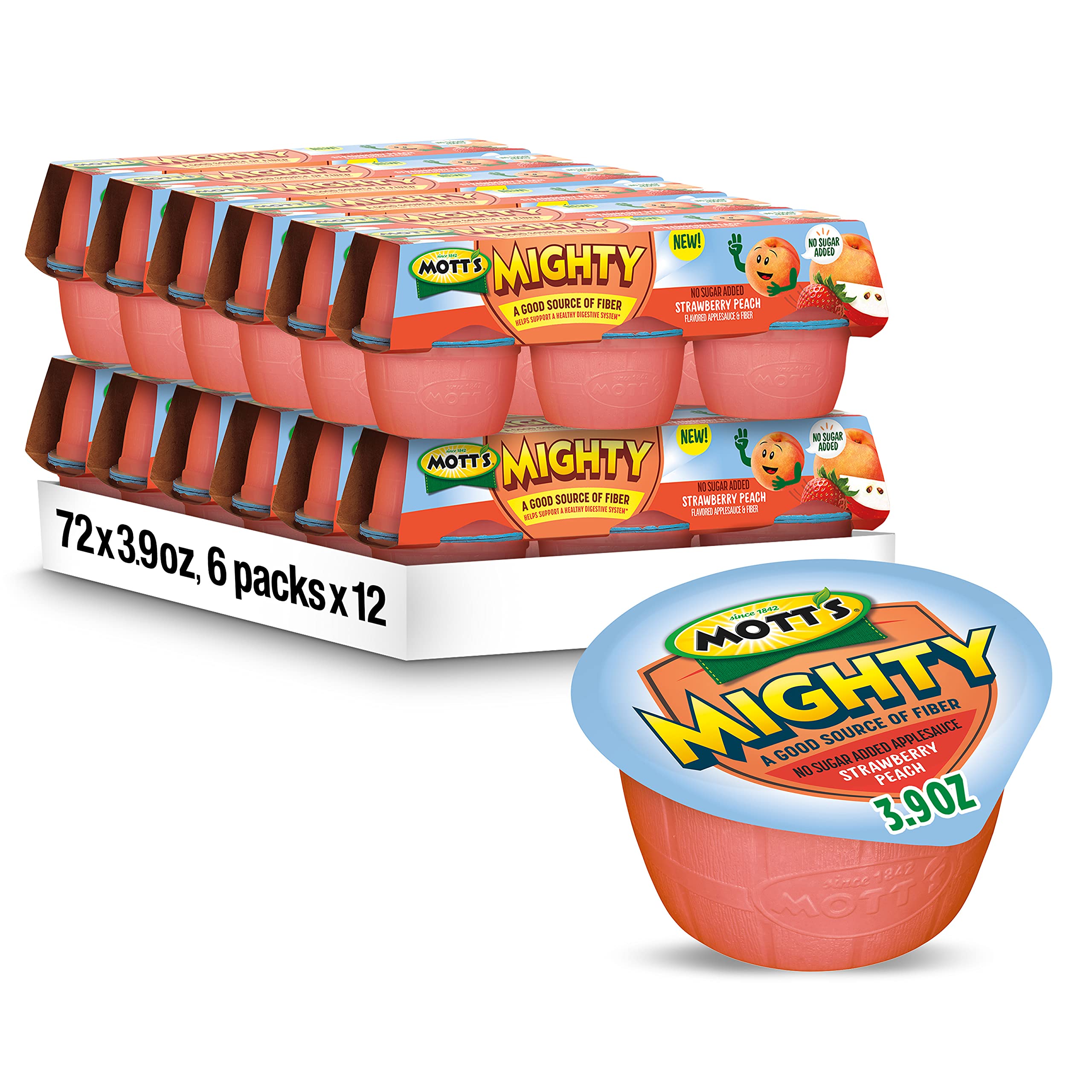 Mighty Strawberry Peach Applesauce, 3.9 Oz Cups, 72 Count (12 Packs Of 6), No Sugar Added, Good Source Of Fiber, Supports A Healthy Digestive System, Gluten-free, Kosher